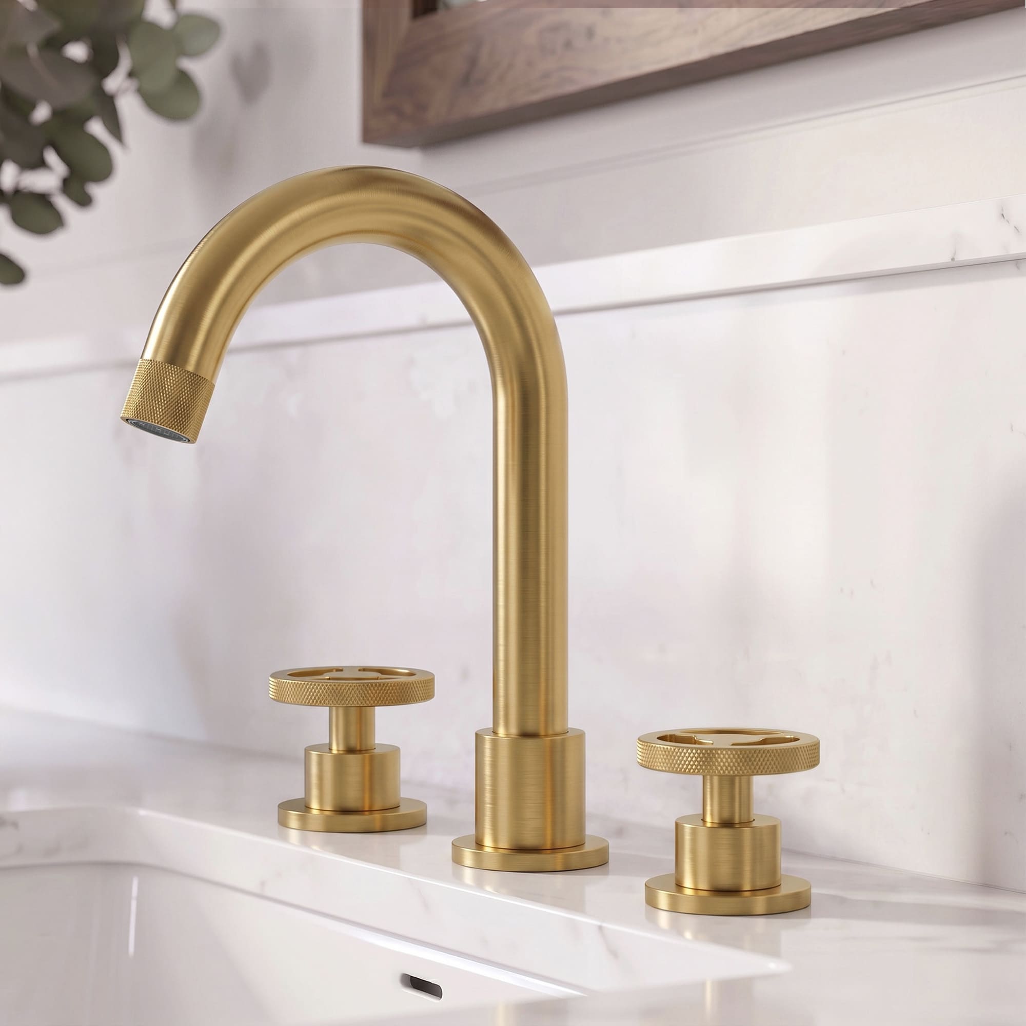 GRANDJOY Brushed Gold Industrial Style Widespread High-Arc Bathroom Sink Faucet with 2 Handle and Metal Pop Up Drain 1.2 GPM