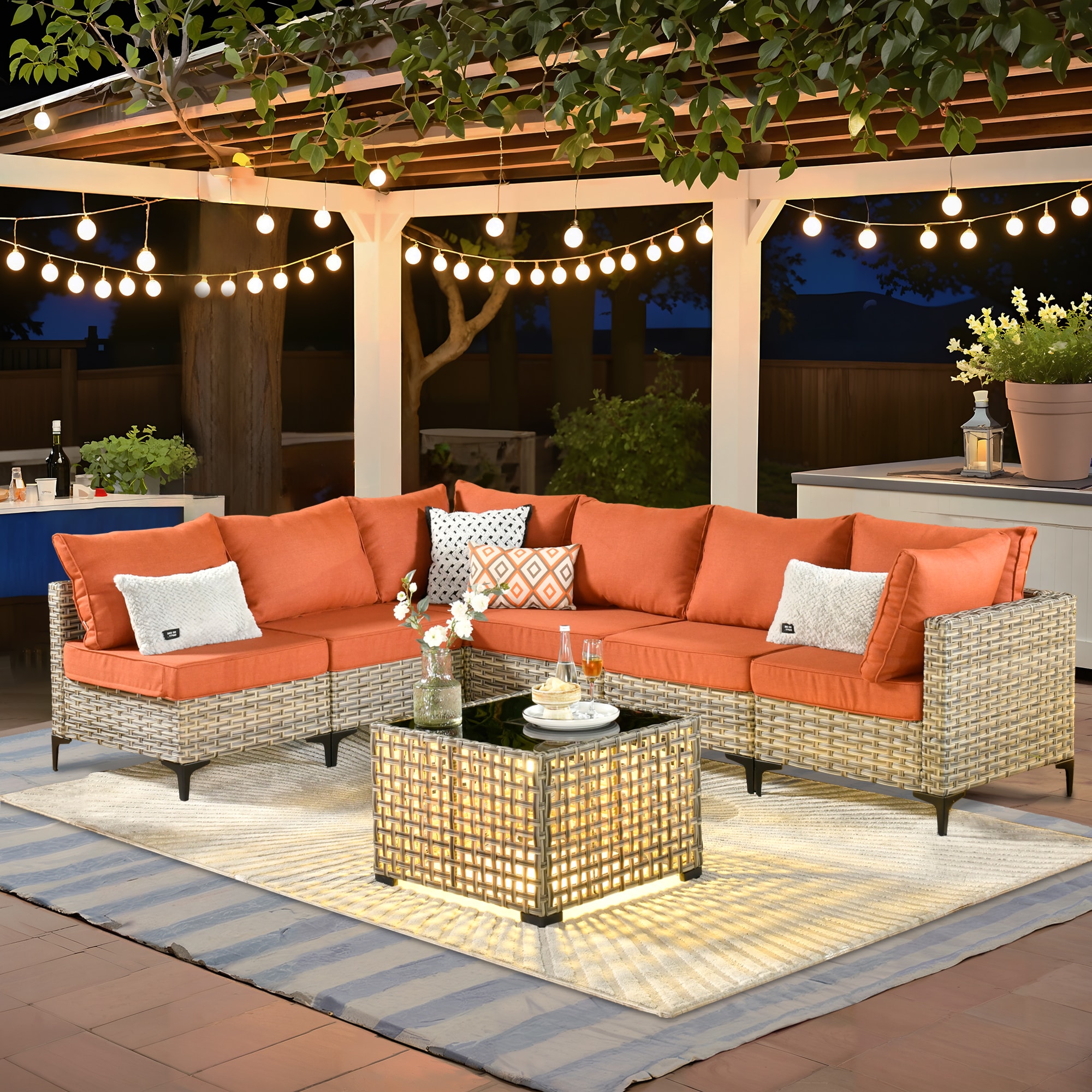 weaxty DSCRRS80C7 Lotus Wicker Outdoor Sectional with Orange Cushions and Steel Frame