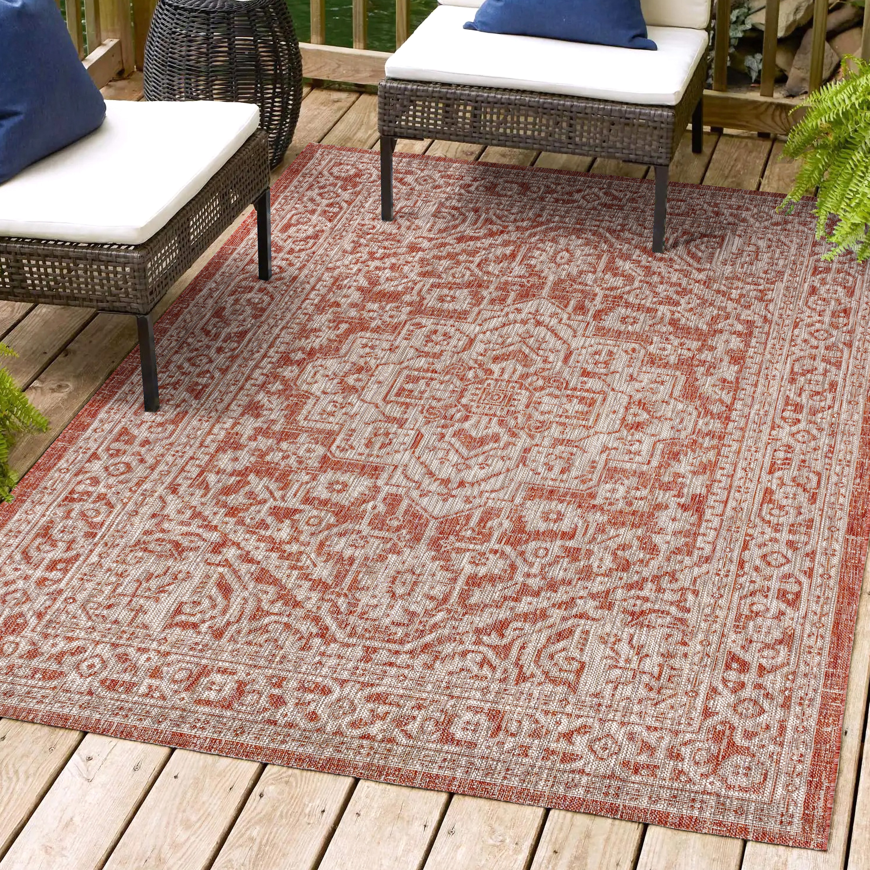 JONATHAN  Y SMB101A-4 Santa Monica Sinjuri Textured Weave 4 x 6 (ft) Loomed Polypropylene Red/Taupe Rectangular Indoor/Outdoor Border Coastal Area rug