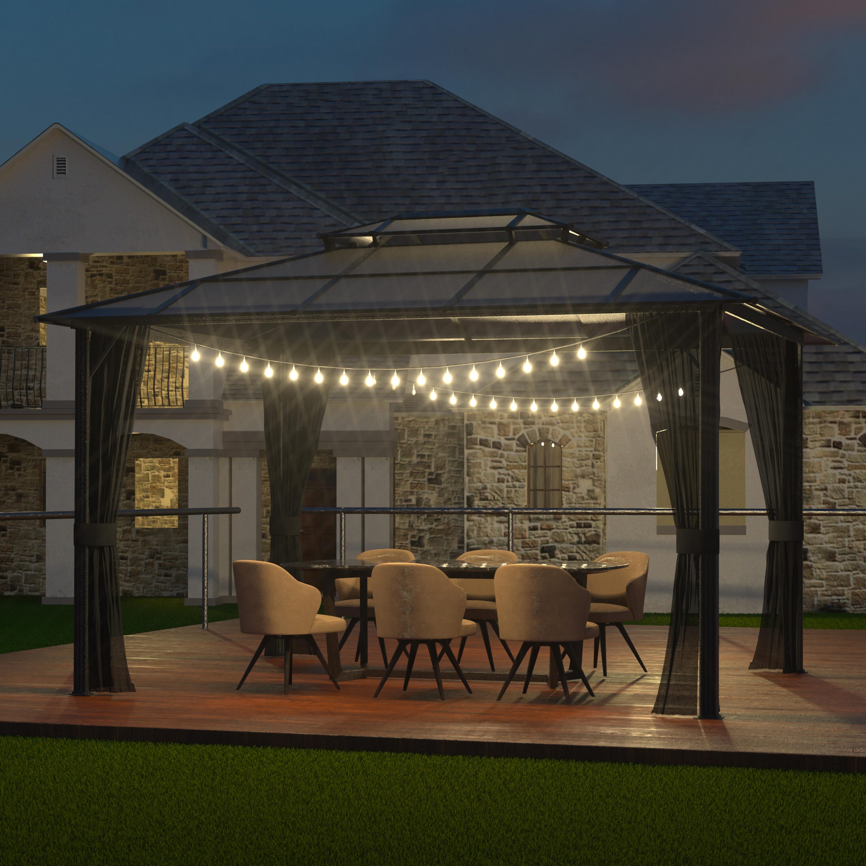 VEIKOUS 13-ft x 10-ft Rectangle Gray Metal Polycarbonate Roof Gazebo with Screen Included