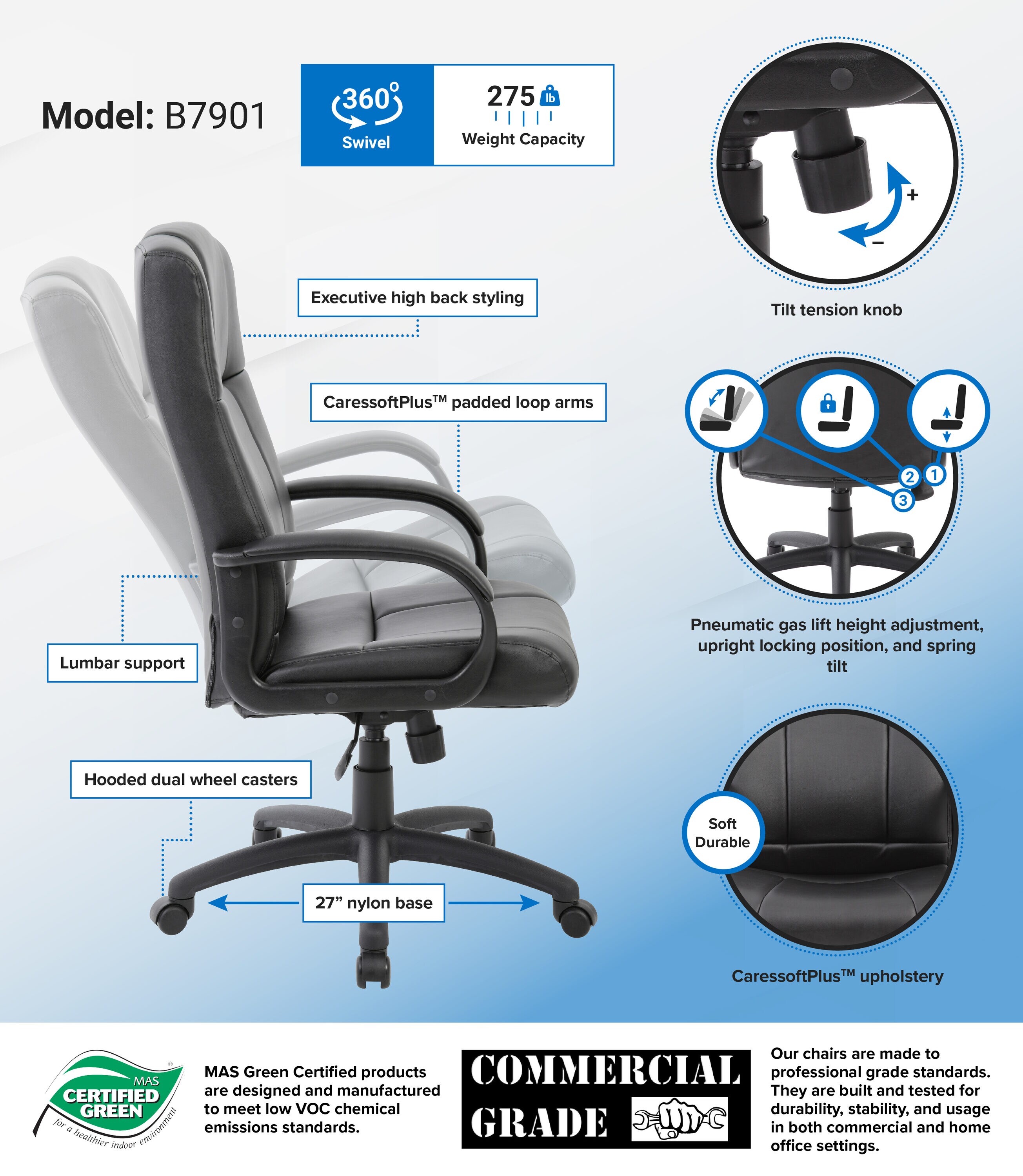 Elegant Executive High-Back Swivel Chair in Black Caressoft