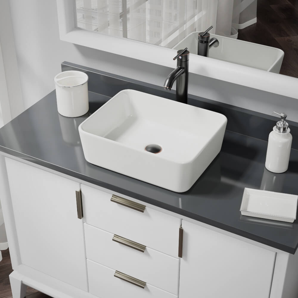 Rene R25007BR97001ABR Porcelain Vessel Rectangular Traditional Biscuit Bathroom Sink with Faucet Included with Drain Included ( 19.13-Inches x 14.75-Inches )