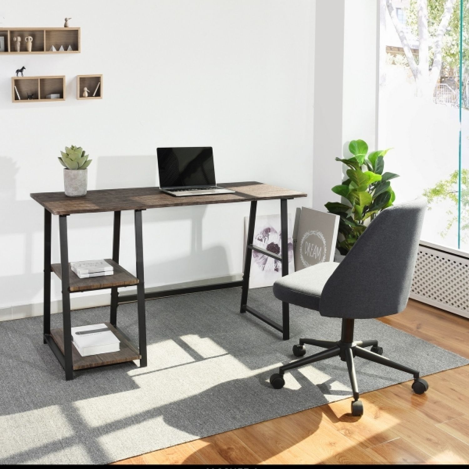 JASMODER W131470888 47.4 inch W X 19.7 inch D X 28.9 inch H Wooden Desk With 2 Storage Racks - Walnut and Black