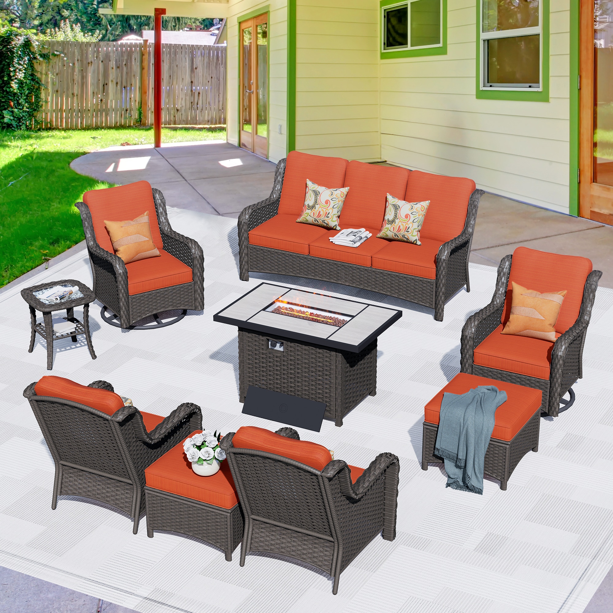 Pouuin SRFPNTC809 9 -Piece Wicker Patio Sofa Conversation Set with Orange Cushions