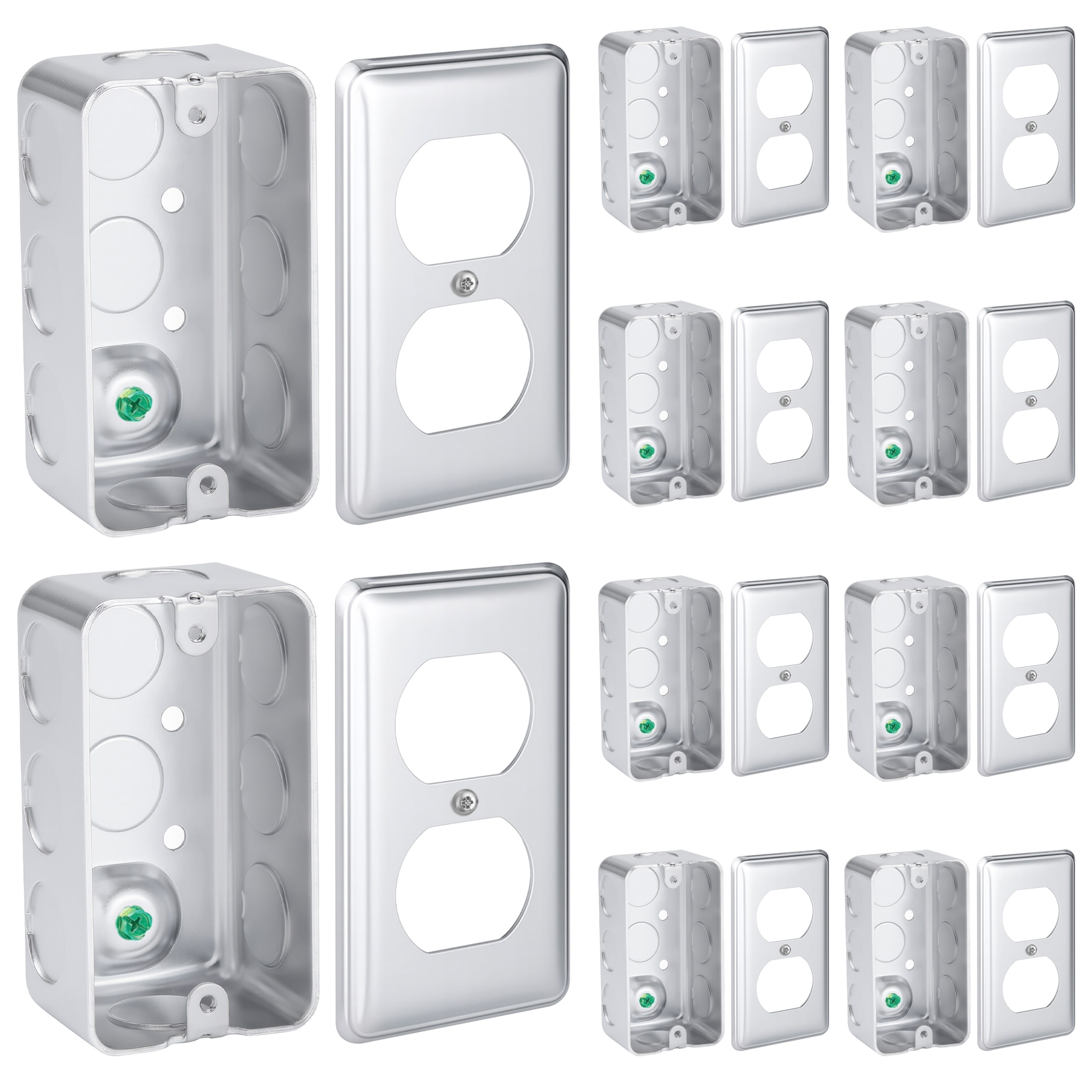 OHLECTRIC  10 Pack 4x2 Electrical Junction Boxes with Duplex Receptacle Covers Steel Metal Outlet Boxes 1 7 8 Inch Deep 13 Cu in Capacity 10 x 1 2 inch knockouts Heavy Duty Electrical Box Bulk Pack