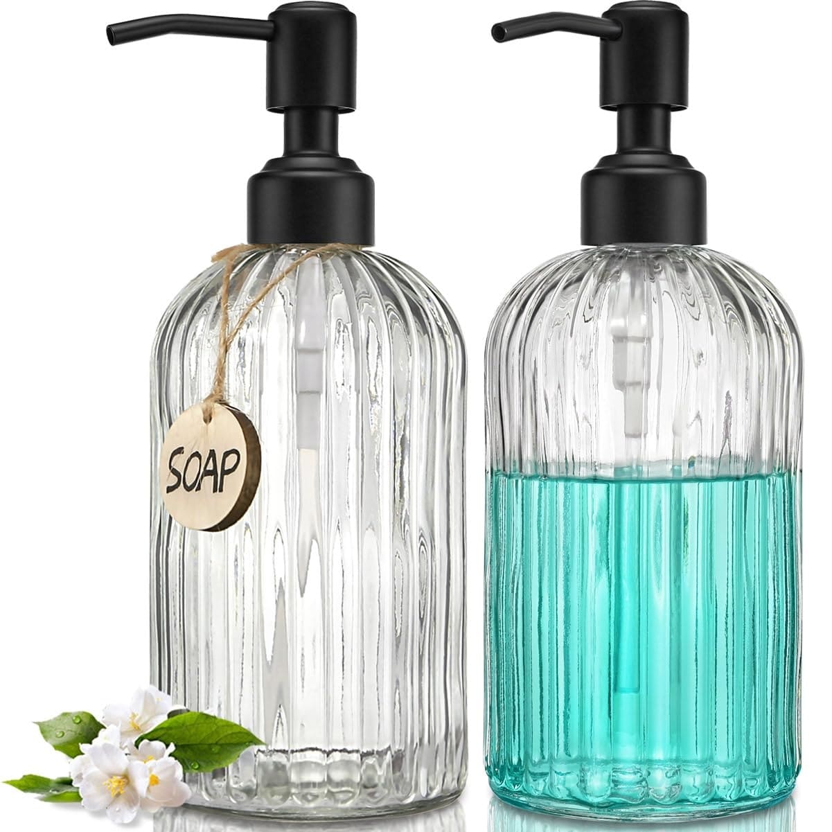 Oyezvary 2 pack 18oz Glass Soap Dispensers with Black Pump Vertical Stripe Design Clear Refillable for Kitchen Bathroom Hand Soap Dish Soap #L05OZ08091