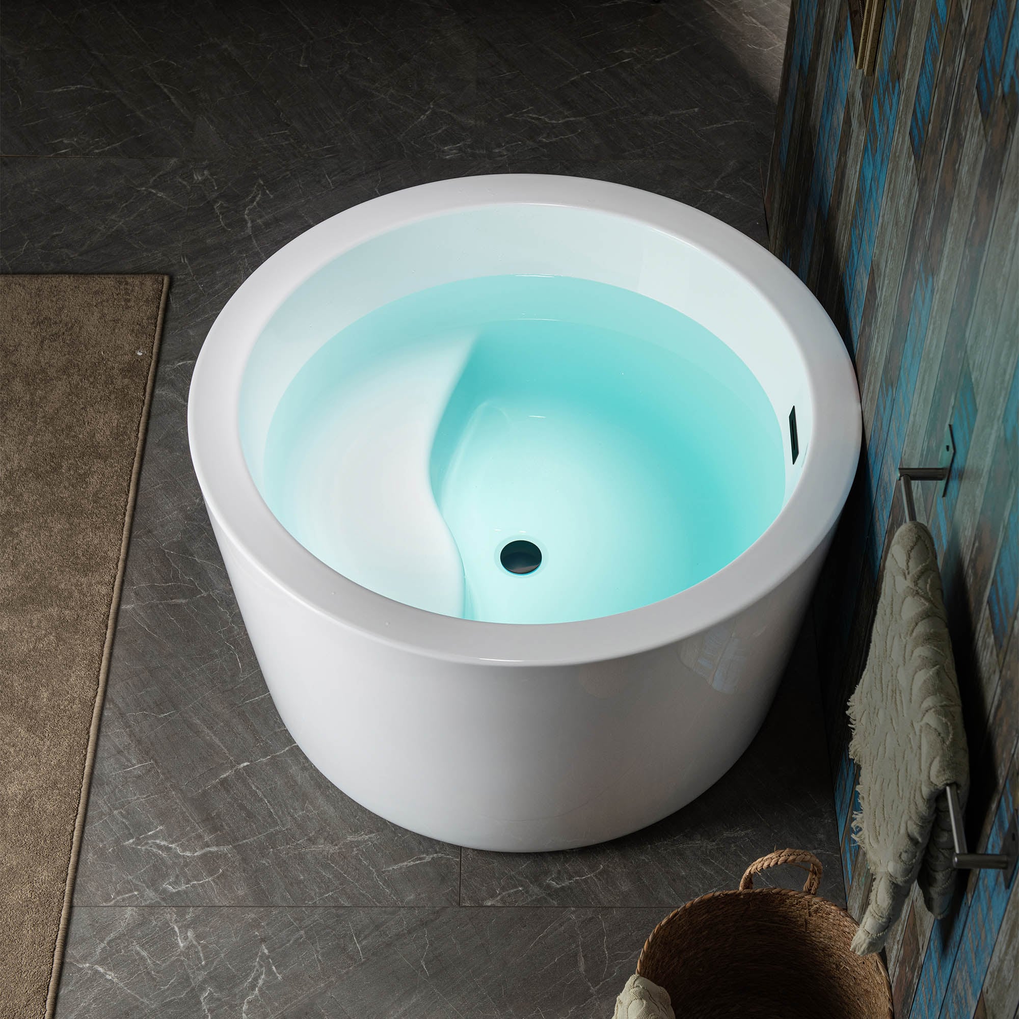 41'' Round White Acrylic Freestanding Bathtub with Matte Black Drain