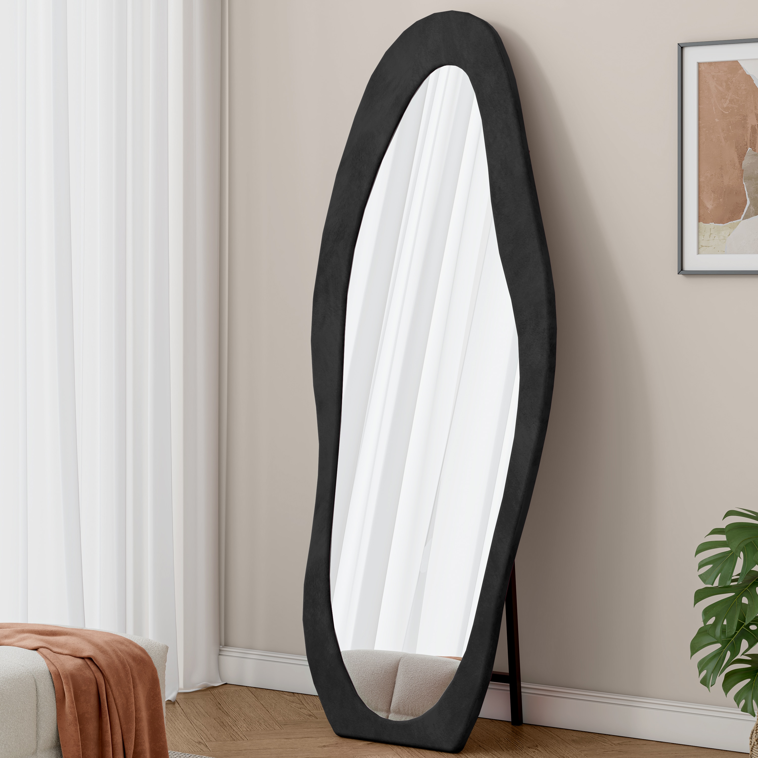 FAVSH Full Length Mirror 63Inch x 24Inch Floor Mirror Wall Mirror Flannel Wrapped Wooden Frame Floor Mirror Irregular Wavy Mirror Standing Halling Large Wall Mirror for Bedroom Living Room Dressing Room Black