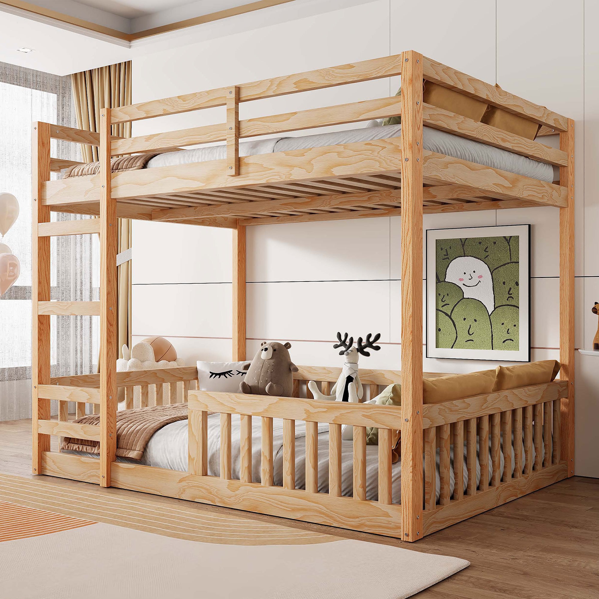 ModernLuxe L3P-N7090002223D Full over Full Wood Bunk Bed with Ladder and Guardrails Natural