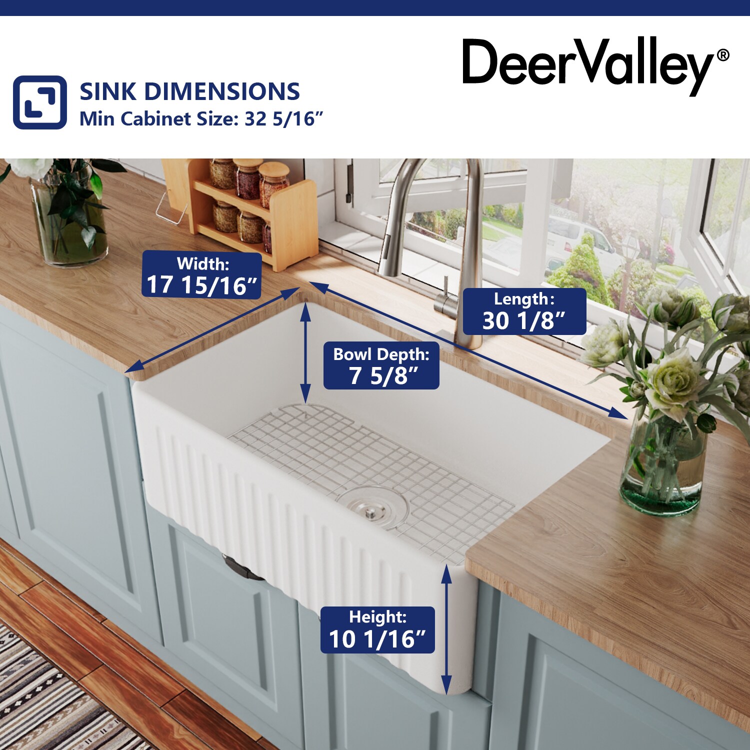 DeerValley Dv-1k026 Ceramic Farmhouse Kitchen Sink with Grid and Strainer,30 inch L x 18 inch W x 10 inch H, Size: One Size