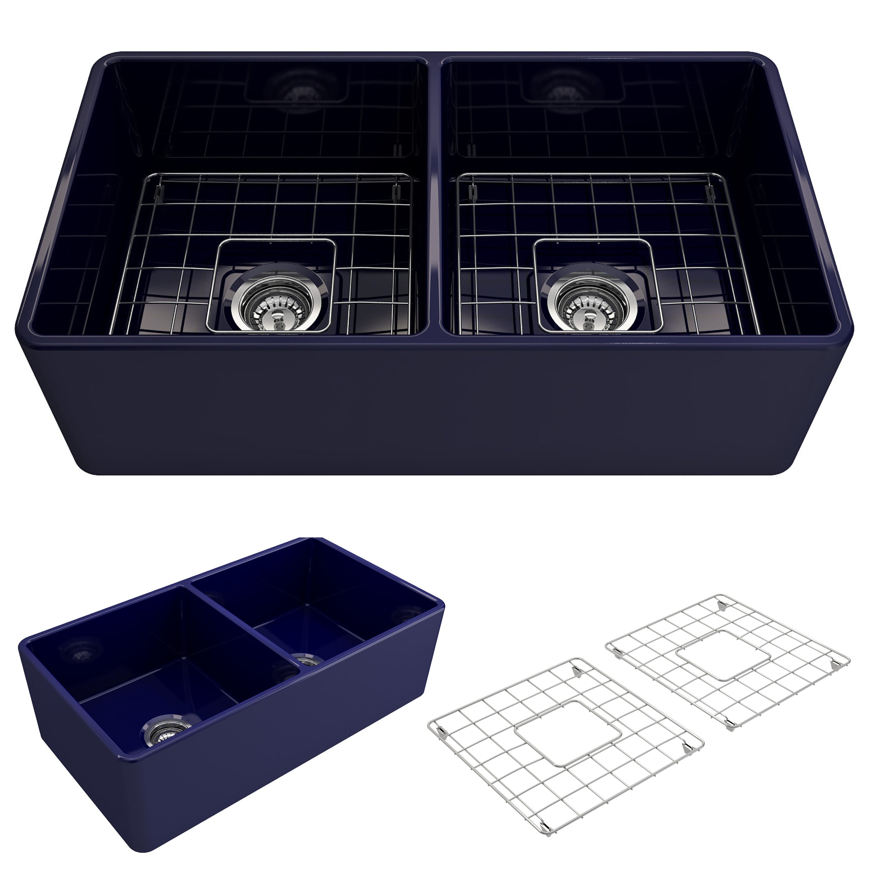 BOCCHI 1139-010-0120 Classico Farmhouse apron front 33-Inches x 18-Inches Fireclay Double equal bowl Kitchen Sink