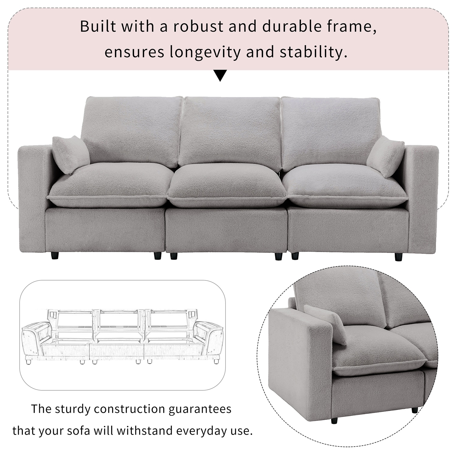 Bybafun 87.7-in Modern Gray Polyester/Blend Sofa At Lowes.com