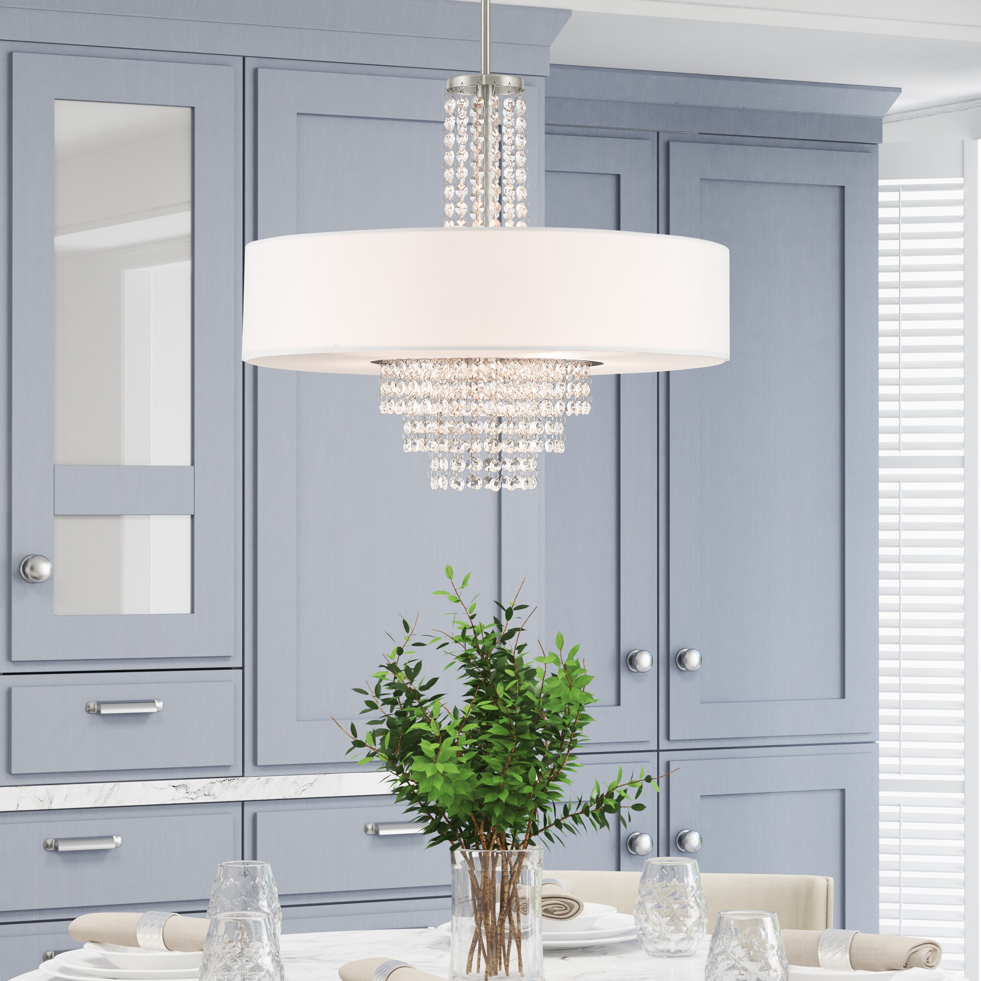 Carlisle Brushed Nickel Drum Pendant with Clear Crystals and Off-White Shade