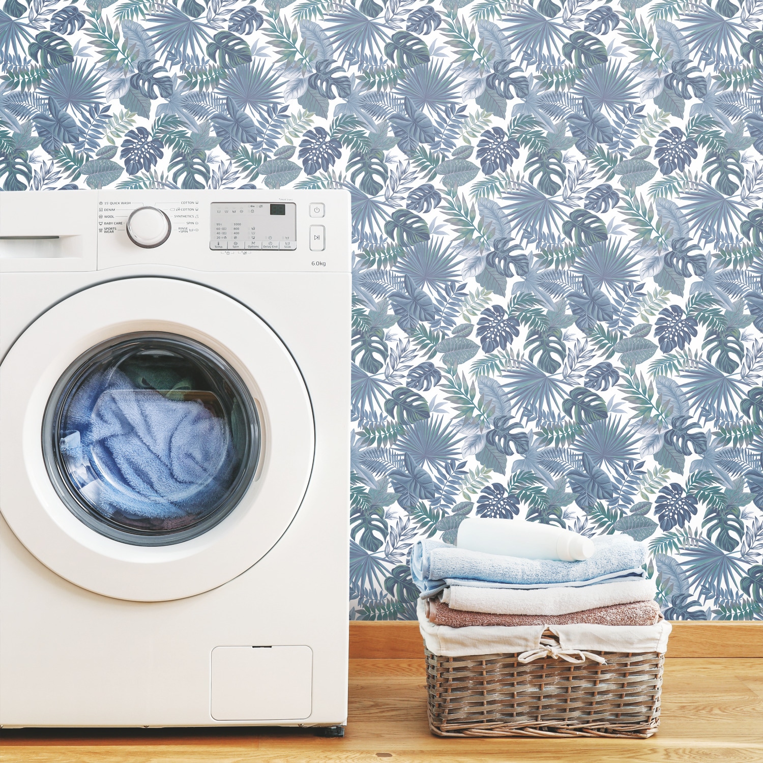 Blue and White Vinyl Palm Leaf Peel and Stick Wallpaper Roll
