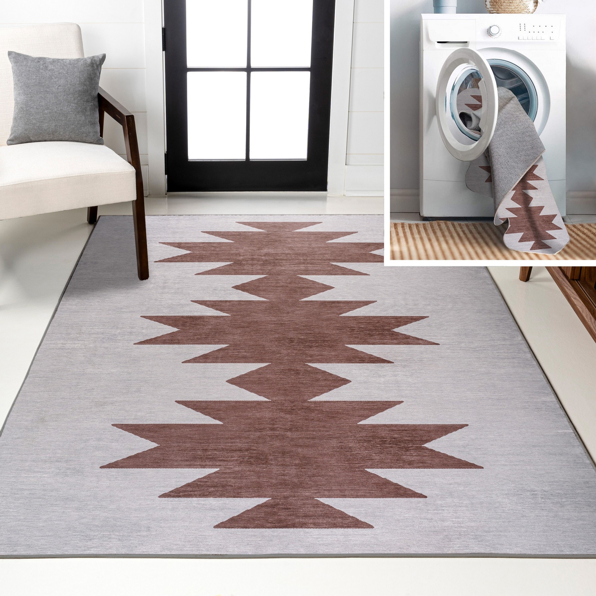 JONATHAN  Y WSH110E-5 WASHABLE Chayton Minimalist 5 x 8 (ft) Loomed Gray/Brown Rectangular Indoor Geometric Southwestern Machine washable Pet Friendly Area rug
