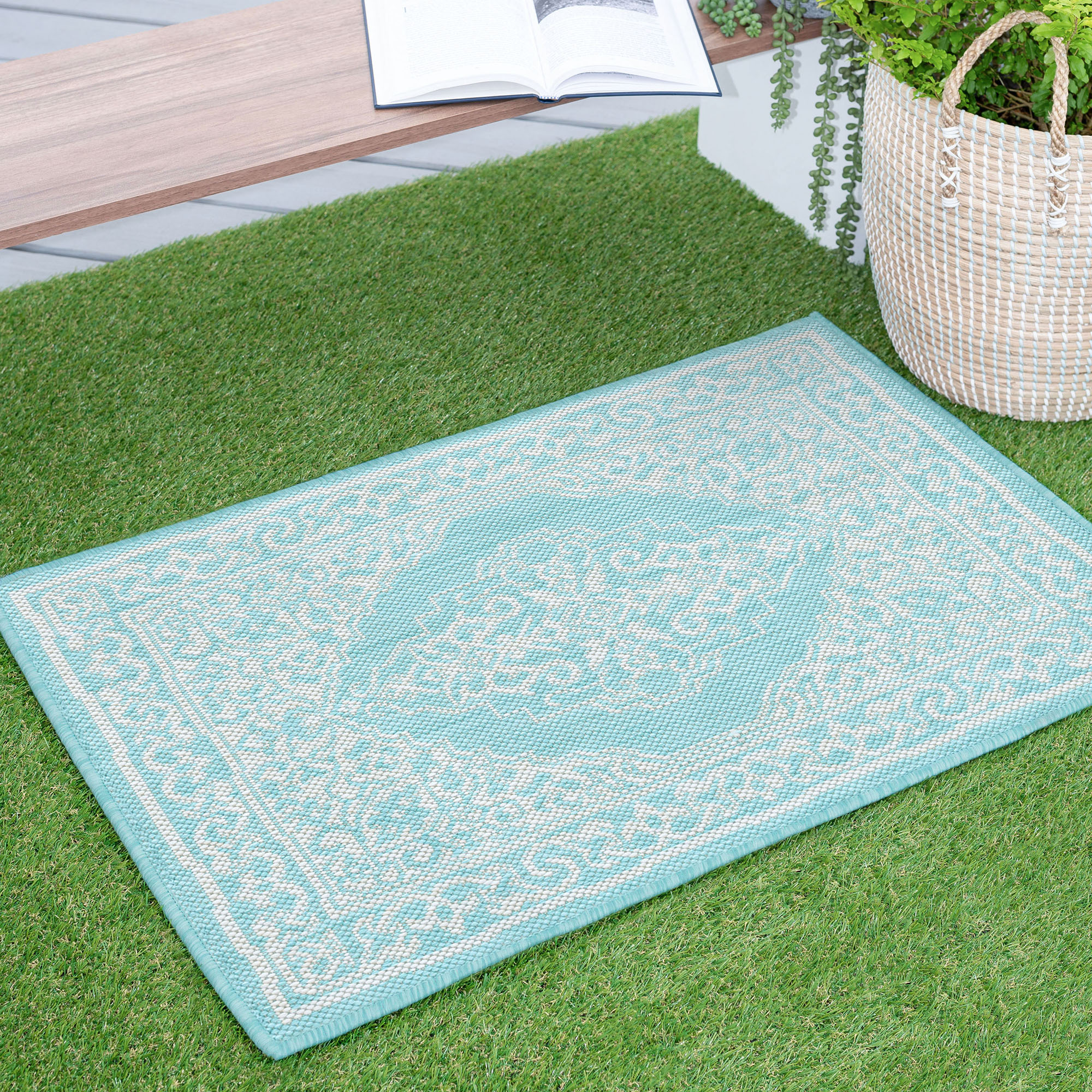  ECO1606 2X3 Eco 2 x 3 (ft) Flatweave Polypropylene Aqua Rectangular Indoor/Outdoor Throw rug