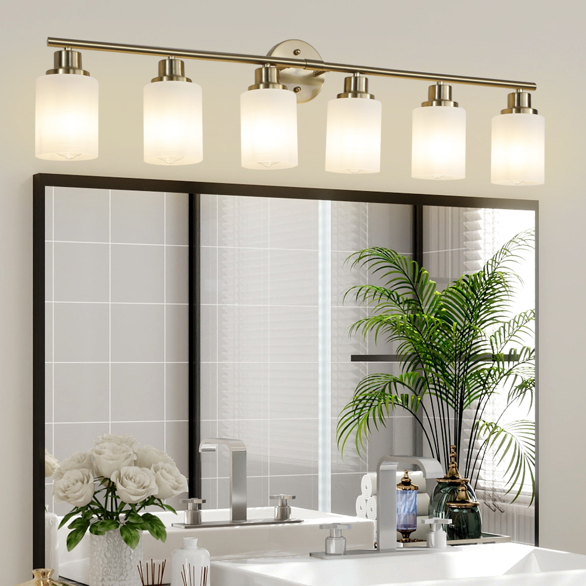 Cuschoice 39 in. 6-Light Golden Vanity Lights Wall Sconces with Frosted Glass Shades for Bathroom or Hallway - Bulbs Not Included