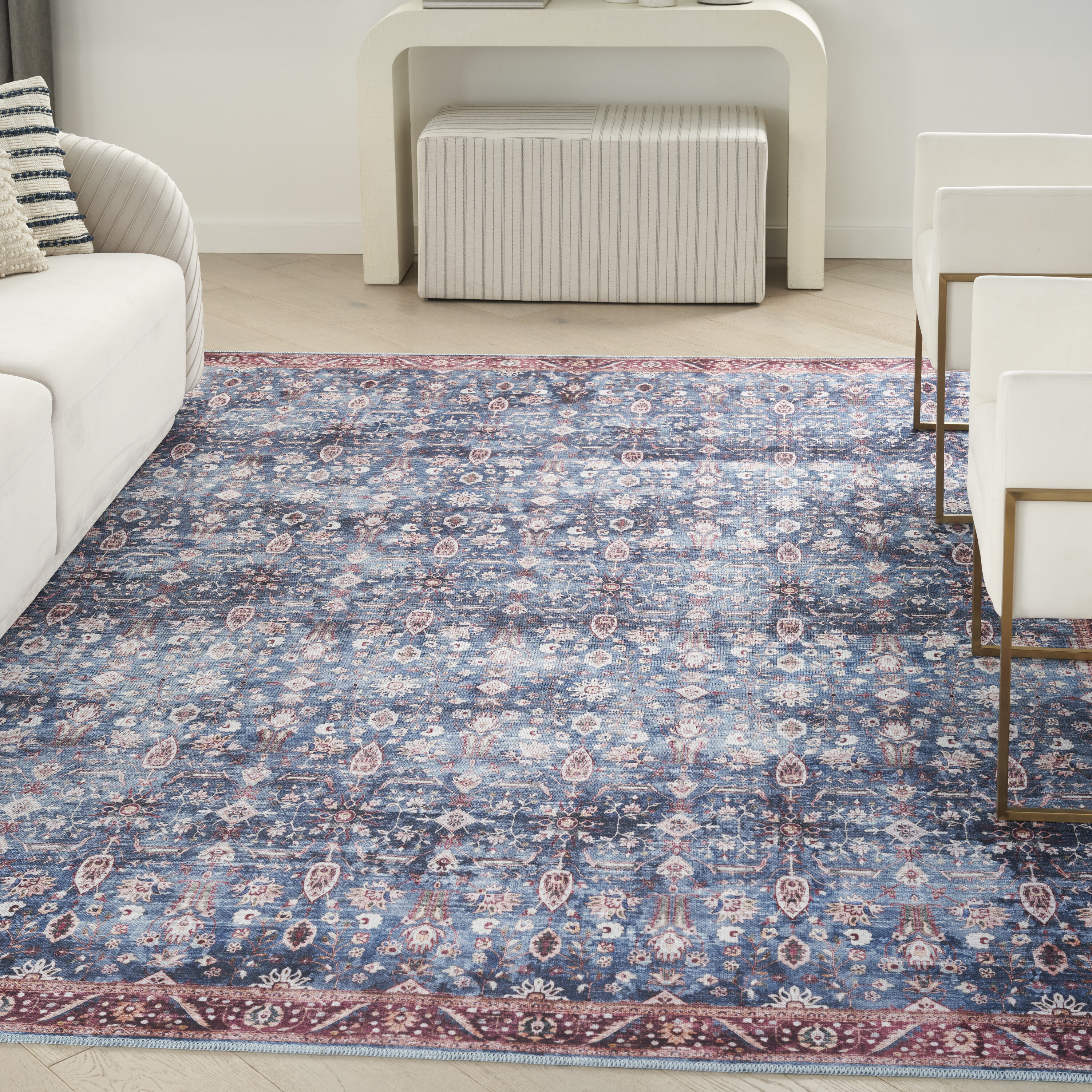 Nourison 099446118172 Brilliance Machine Washable 8 x 10 (ft) Loomed Polyester Blue/Brick Rectangular Indoor Floral/Botanical Machine washable Area rug