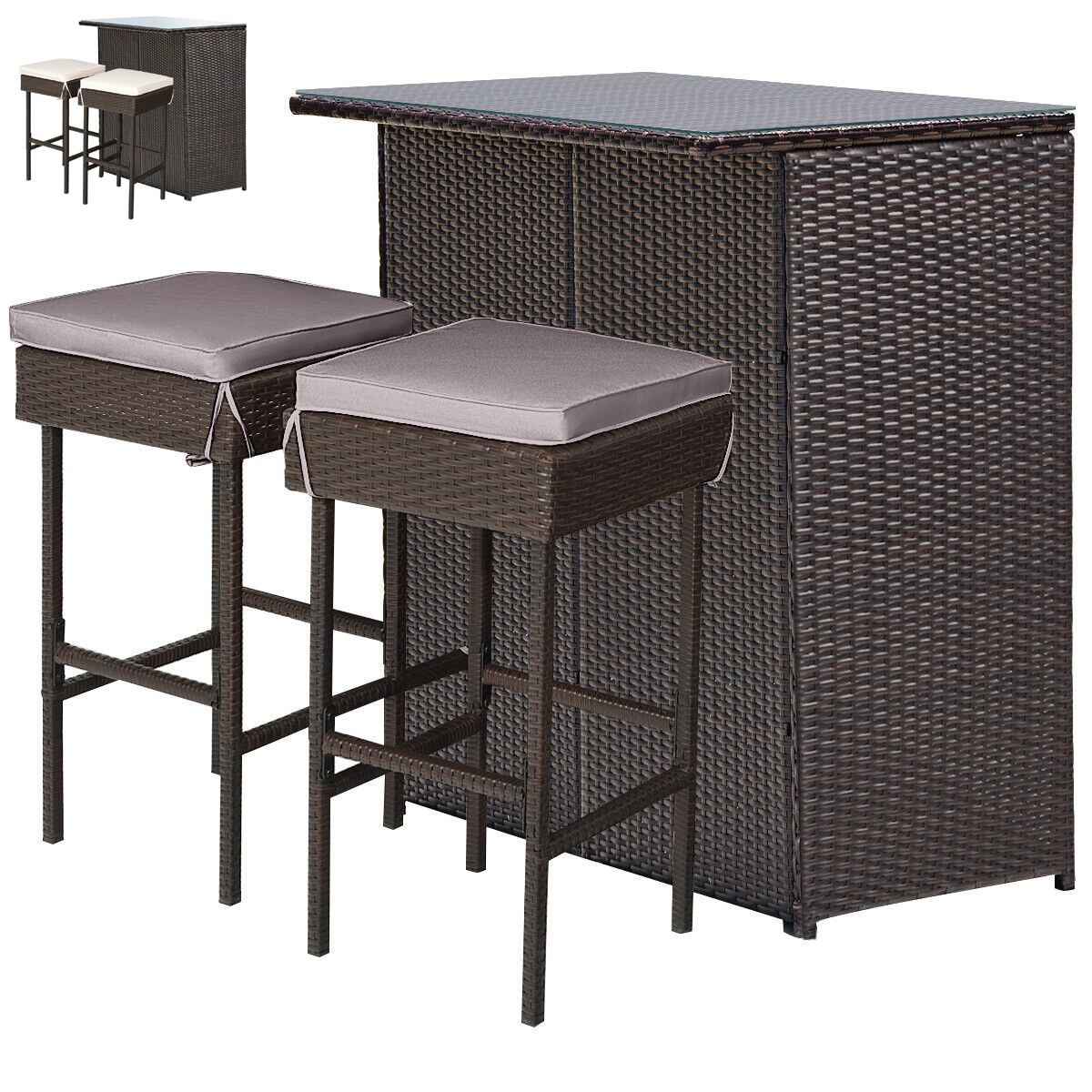 WELLFOR OUJ68745WH-GR 3 -Piece Brown Rattan Bar Height Patio Dining Set Rattan Rectangle Table with 2 Gray Cushions Stationary Chairs