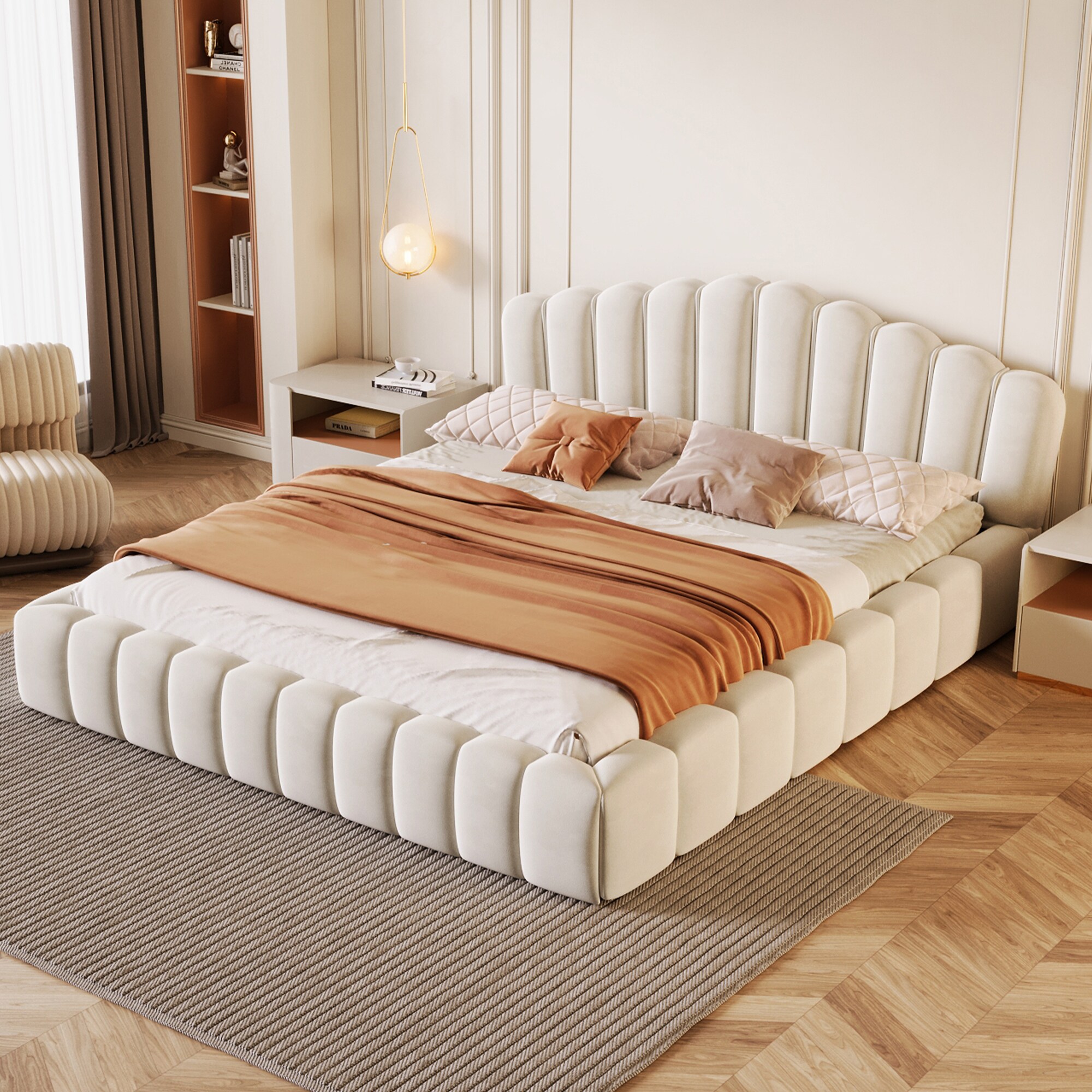 JIMSMAISON Beige Queen Wood Upholstered Bed