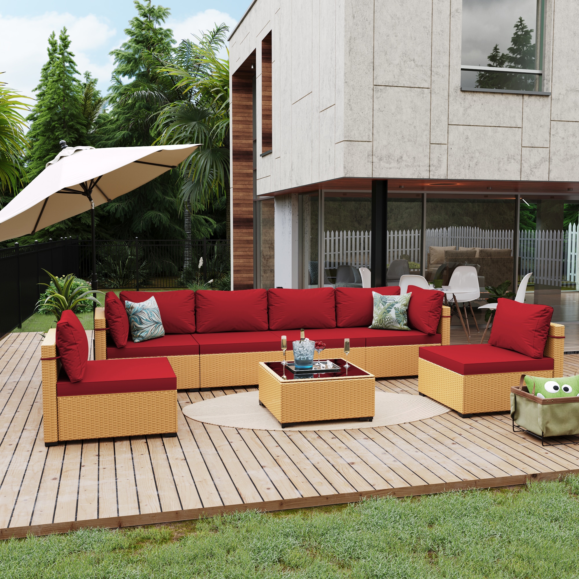 UPHA TBBE-ABC-RED 7 -Piece Wicker Patio Sofa Conversation Set with Red Cushions