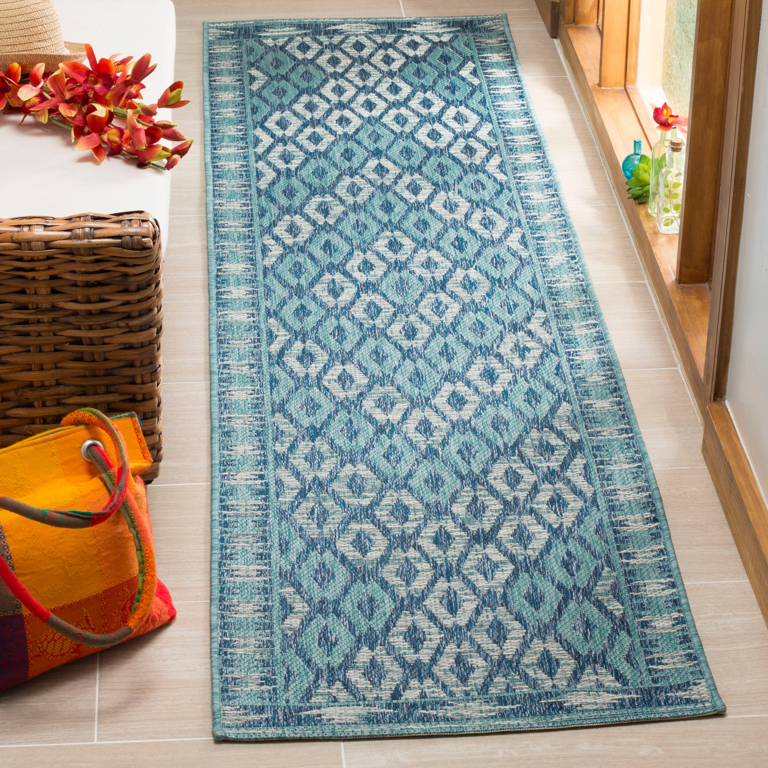 Safavieh CY8531-39421-27 Courtyard Vernon 2 x 7 (ft) Loomed Polypropylene Navy/Aqua Rectangular Indoor/Outdoor Geometric Coastal Runner rug
