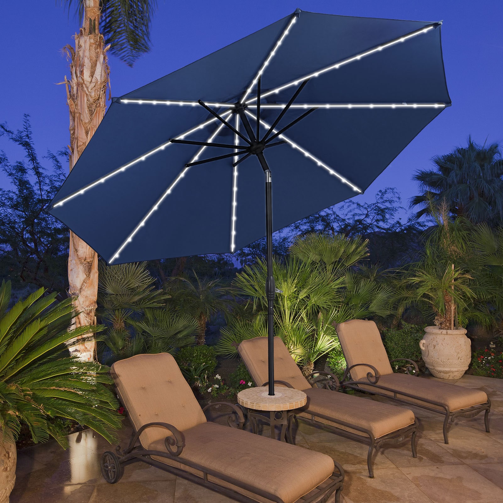 GDY 051MA-NB 10-ft Steel Navy Push-button Tilt Market Patio Umbrella with Lights
