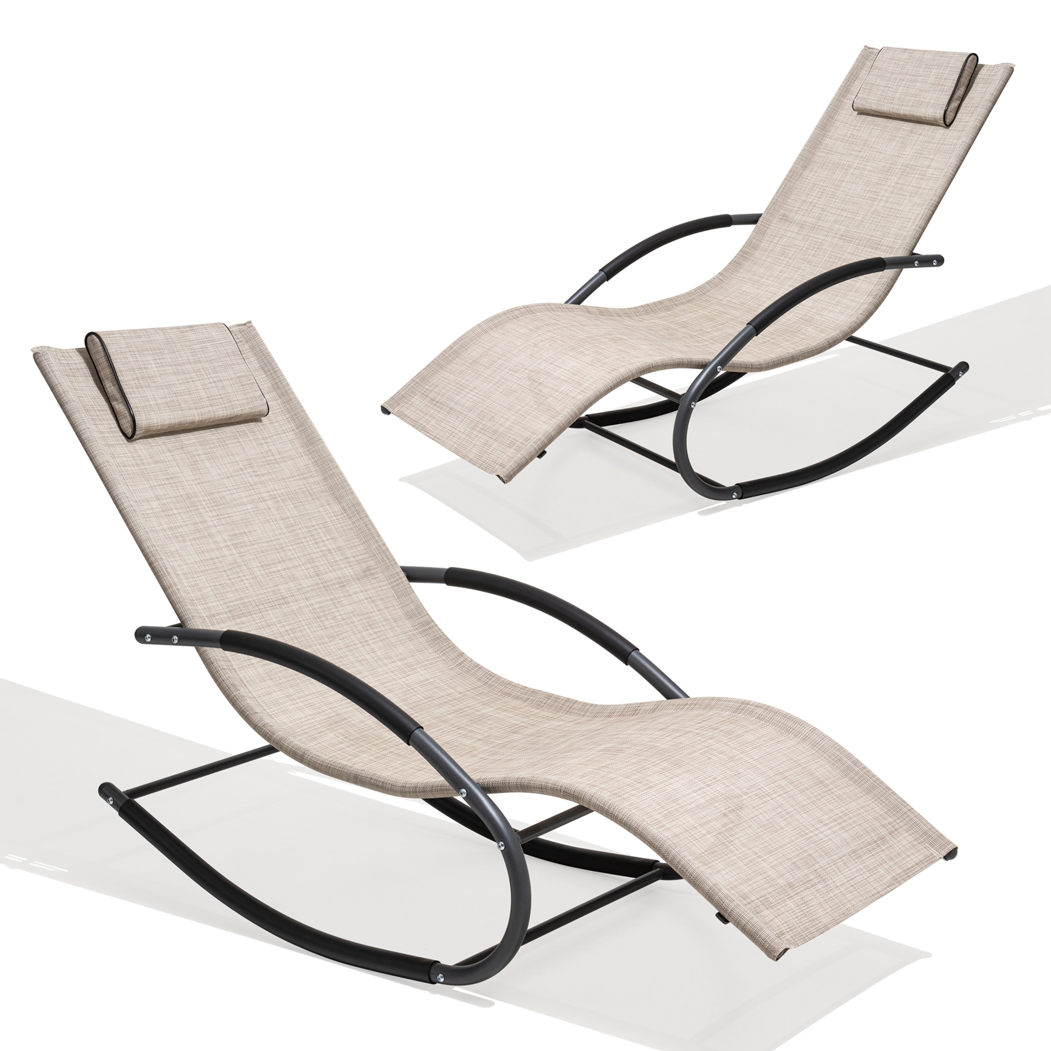 Crestlive Products CL-RC001BEI-2PC Patio Rocking Chair Curved Rocker Chaise (2 PCS Beige) Set of 2 Brown Metal Frame Rocking Chair with Off-white Mesh Seat
