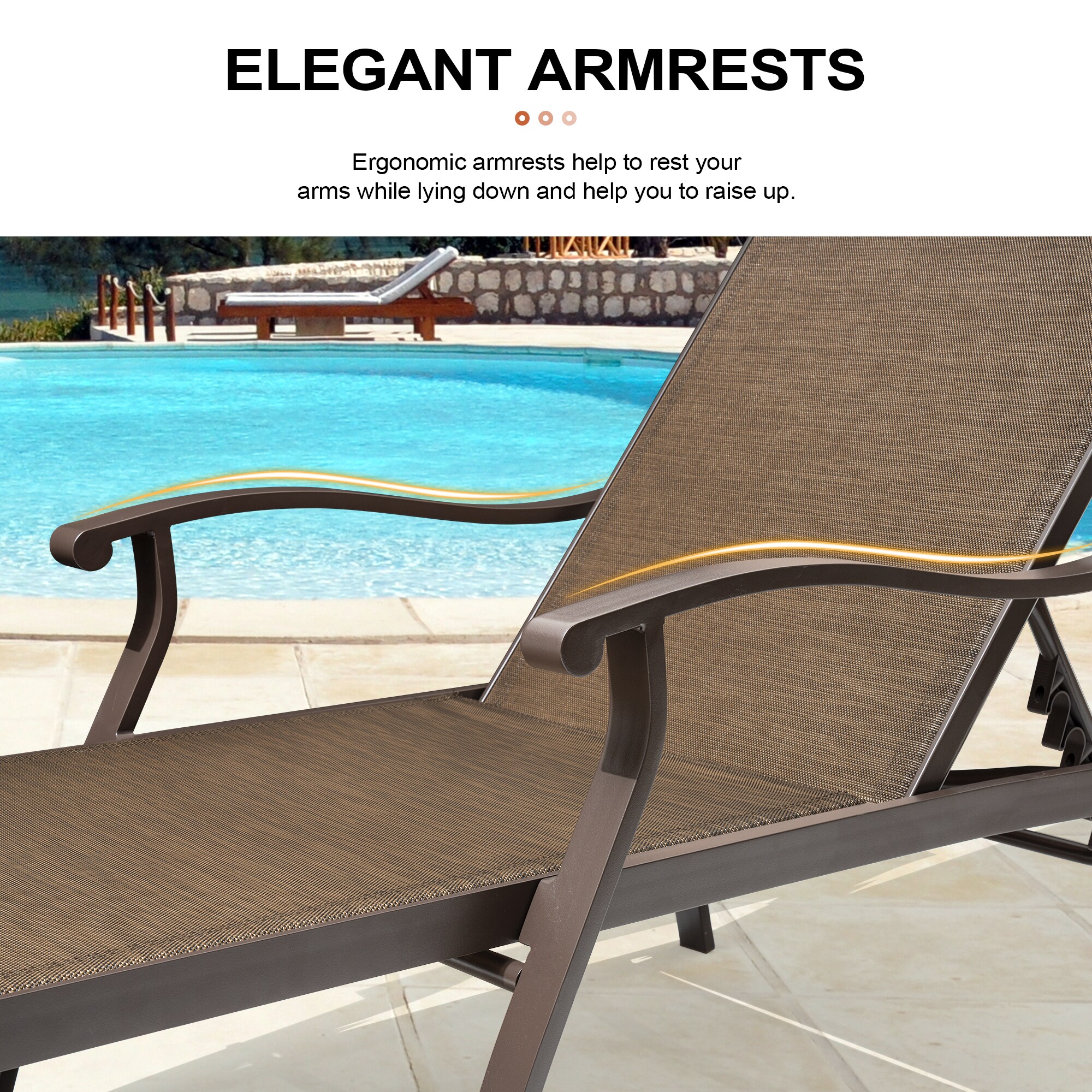 Elegant Brown Aluminum Adjustable Outdoor Chaise Lounge with Curved Armrests