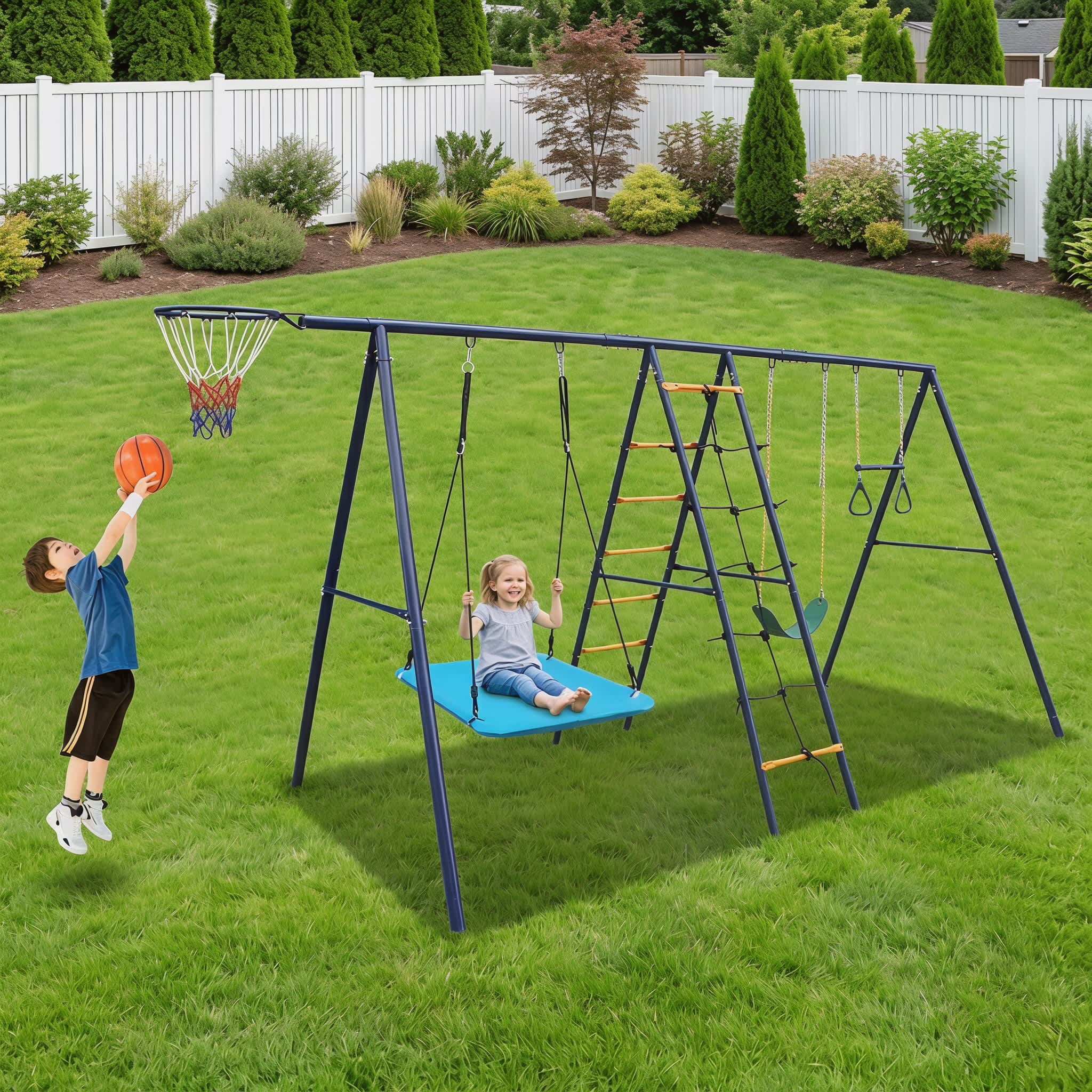 Ama Pear Outdoor Multicolor Swing Set 6-in-1 for Kids with Climbing Ladder and Hoop