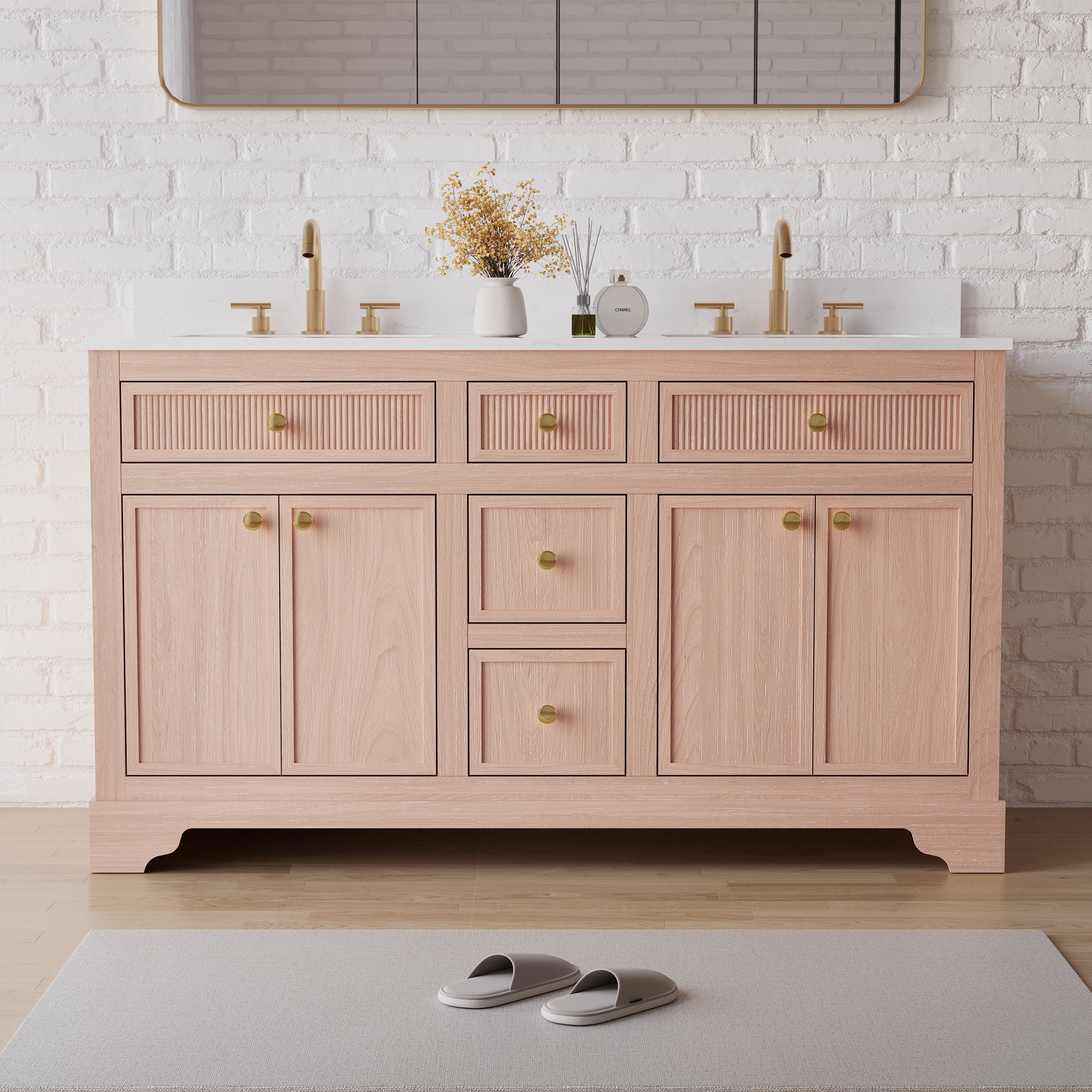 WELLFOR EX-VEBV48GR ALLSTAR Solid Wood Bathroom Vanity 60-in Oak Undermount Double Sink Bathroom Vanity with Carrera white Quartz Top