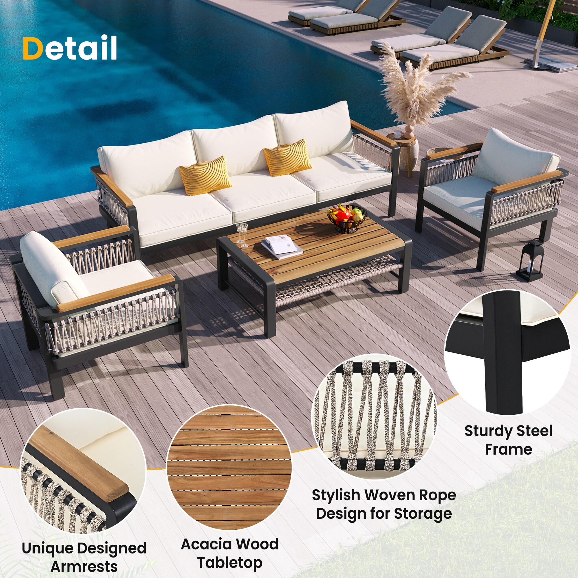 Black Steel 7-Piece Outdoor Dining Set with Cushions