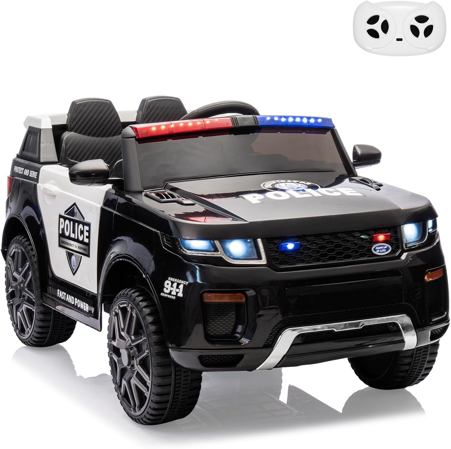 Qeetex LHF-TC-WQ591096 Kids Ride On Police Car 12V Electric Truck for Toddlers Battery Powered Ride On Toy with Remote Control Intercom Flashing LightandLed Lights Handle Spring Suspension Music Black