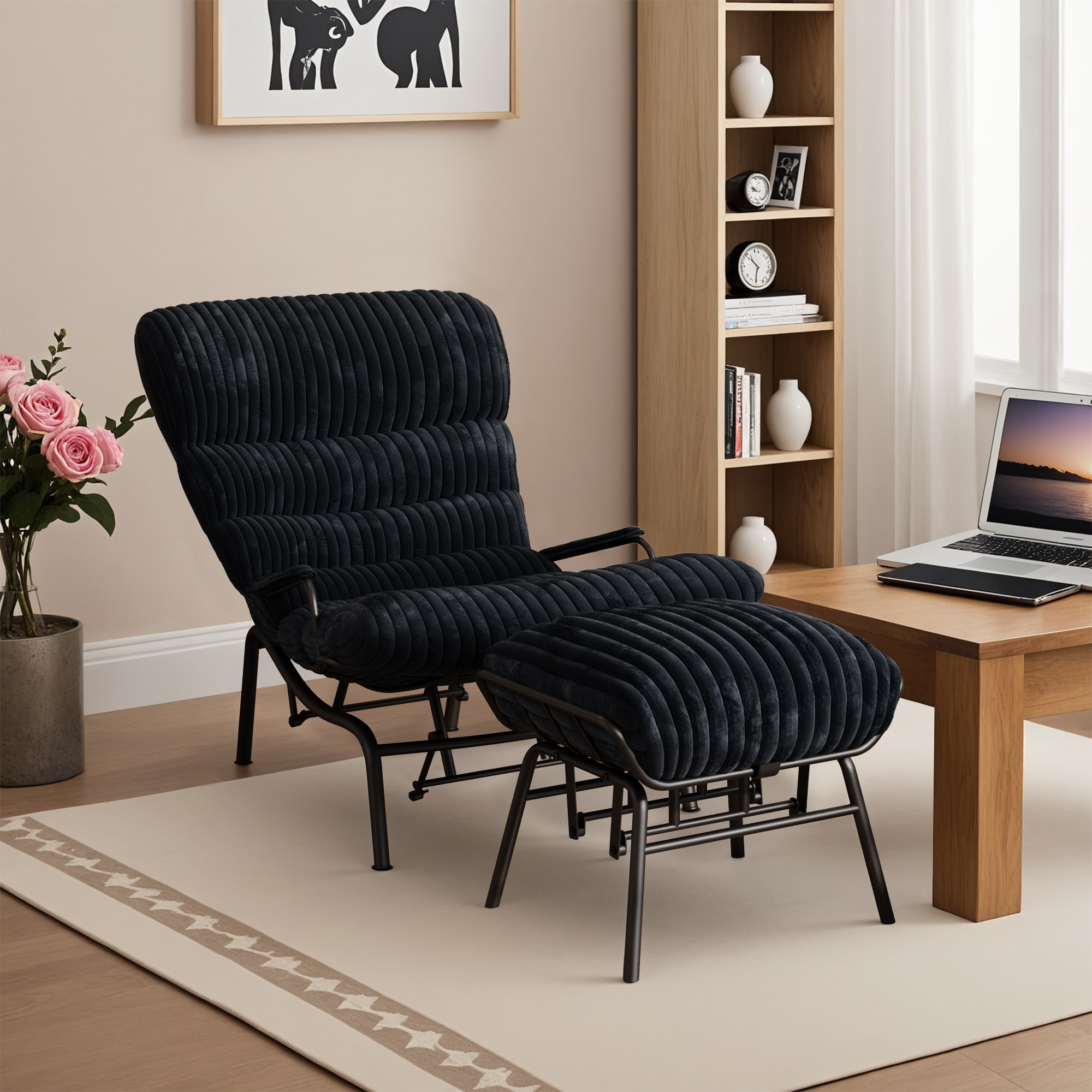 Pouuin SYYDA-670 Casual Black Plush Corduroy Rocking Chair