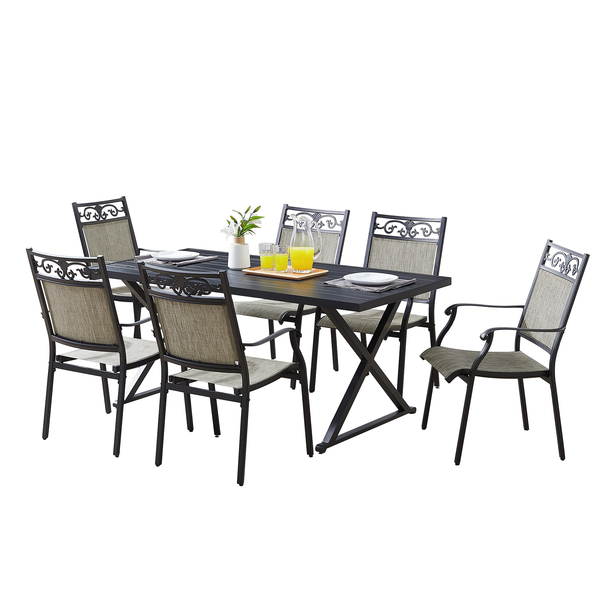PEAK HOME FURNISHINGS 970383-970429 7 -Piece Gray Patio Dining Set Steel Rectangle Table with 6 Stackable Stationary Chairs