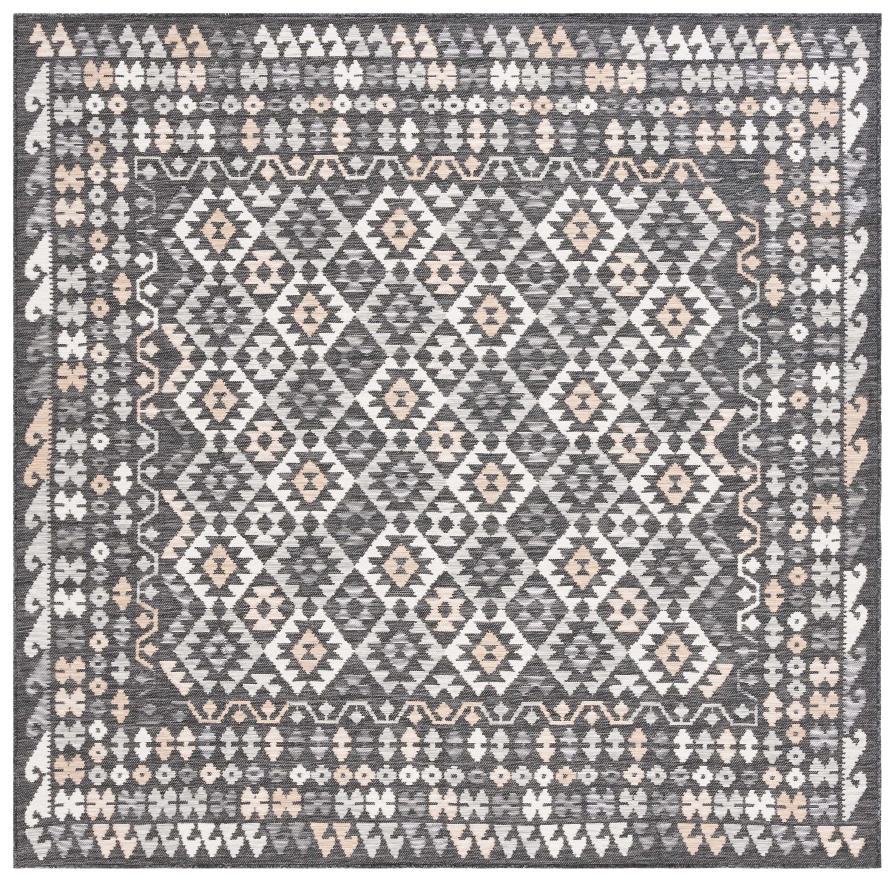 Safavieh SUN622B-7SQ 7 x 7 (ft) Loomed Polyester/Polypropylene Ivory/Beige Black Square Indoor/Outdoor Geometric Mid-Century Modern Area rug