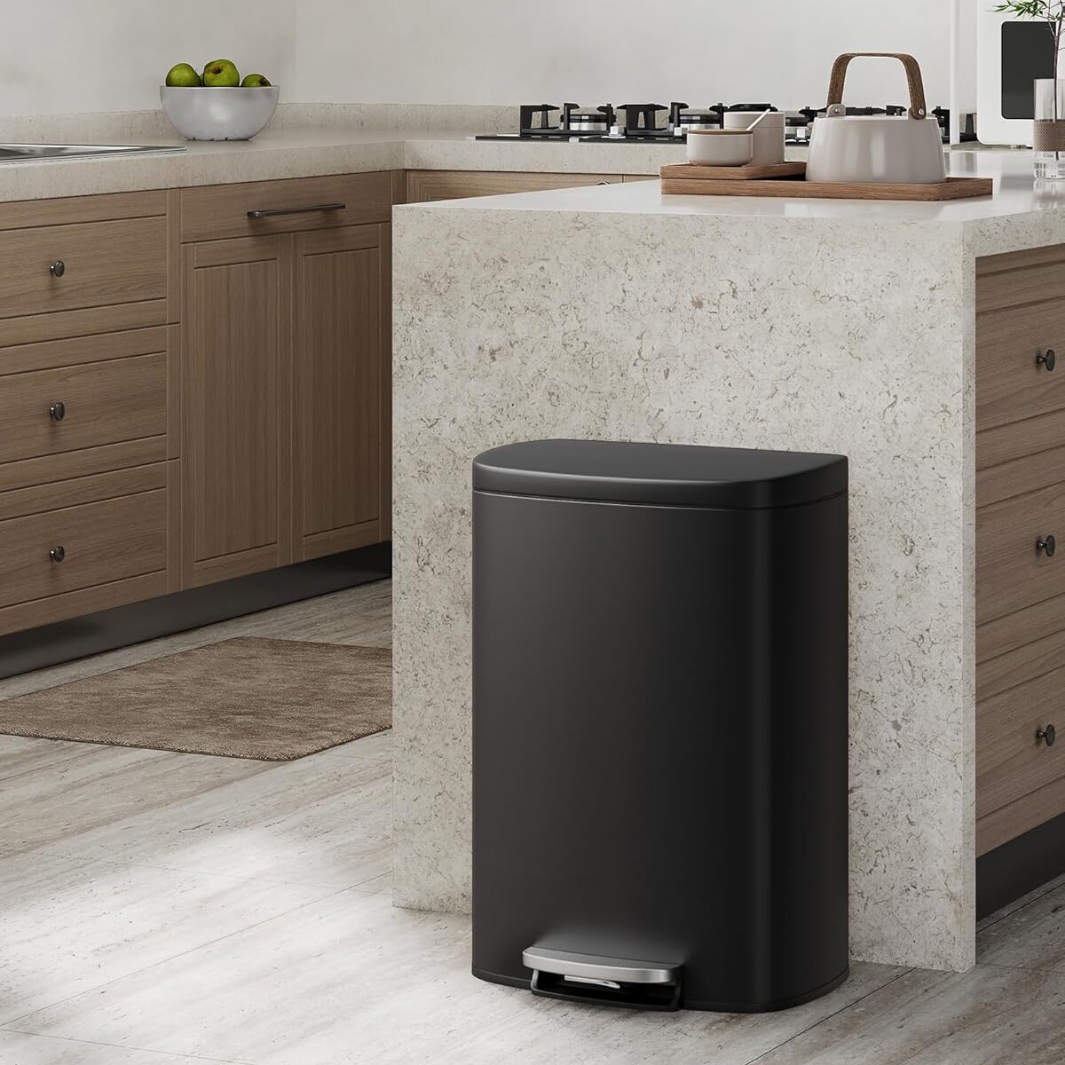 Garvee OYF-PHK-34MW3D9L 13 gal / 50 L Metal Kitchen Trash Can with Lid Large Rust proof Garbage Can for Kitchen Step on Trash Bin with Inner Bucket Rear Handle Soft Close Lid Black