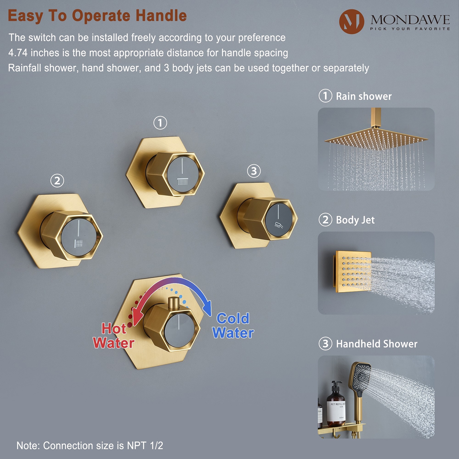 Mondawe WF-6347-BG Showerhead-Bar-Panels - View #4