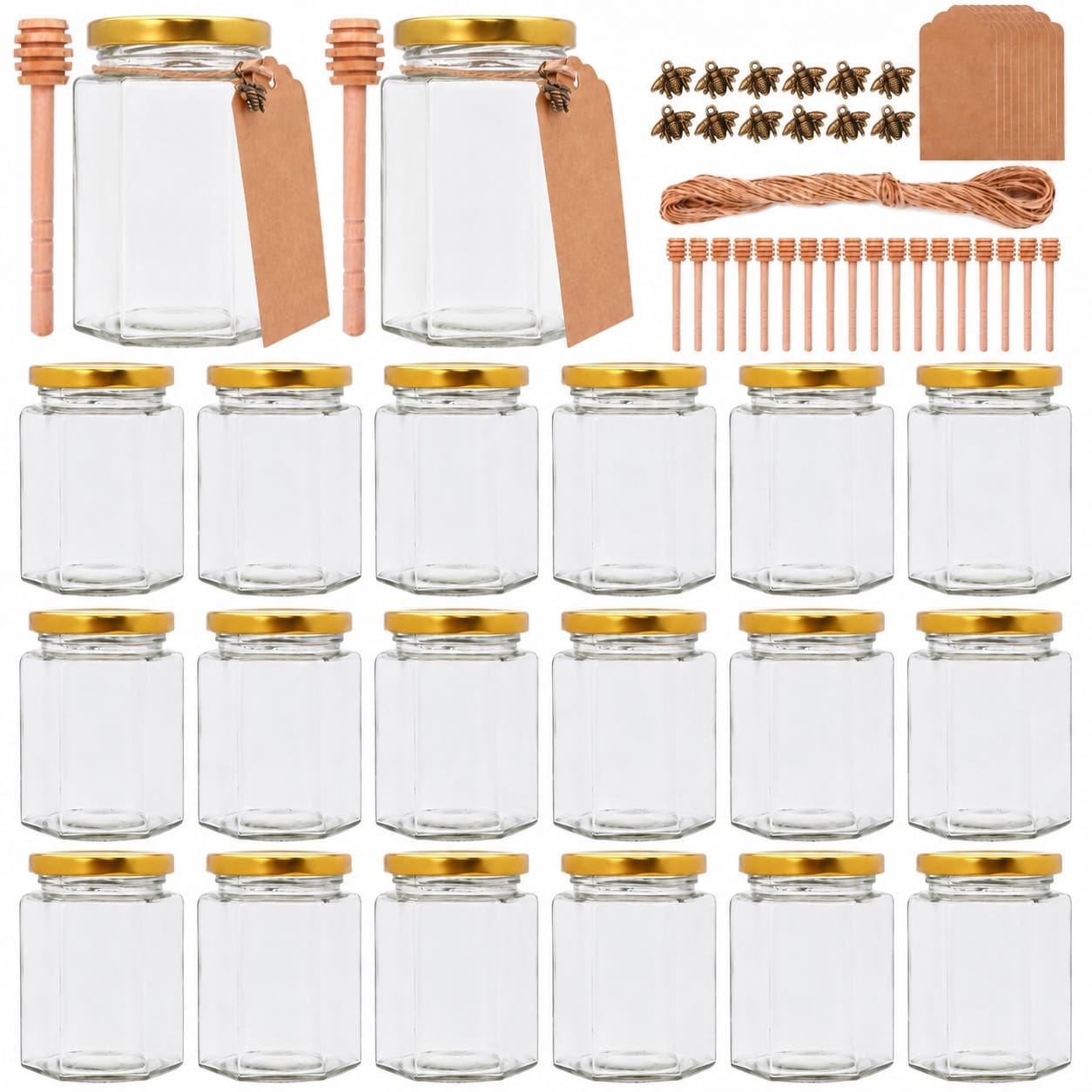 Aoibox  20 Pack 10 oz Hexagon Glass Jars with Golden Metal Lids and Wooden Honey Dippers for DIY Gifts and Food