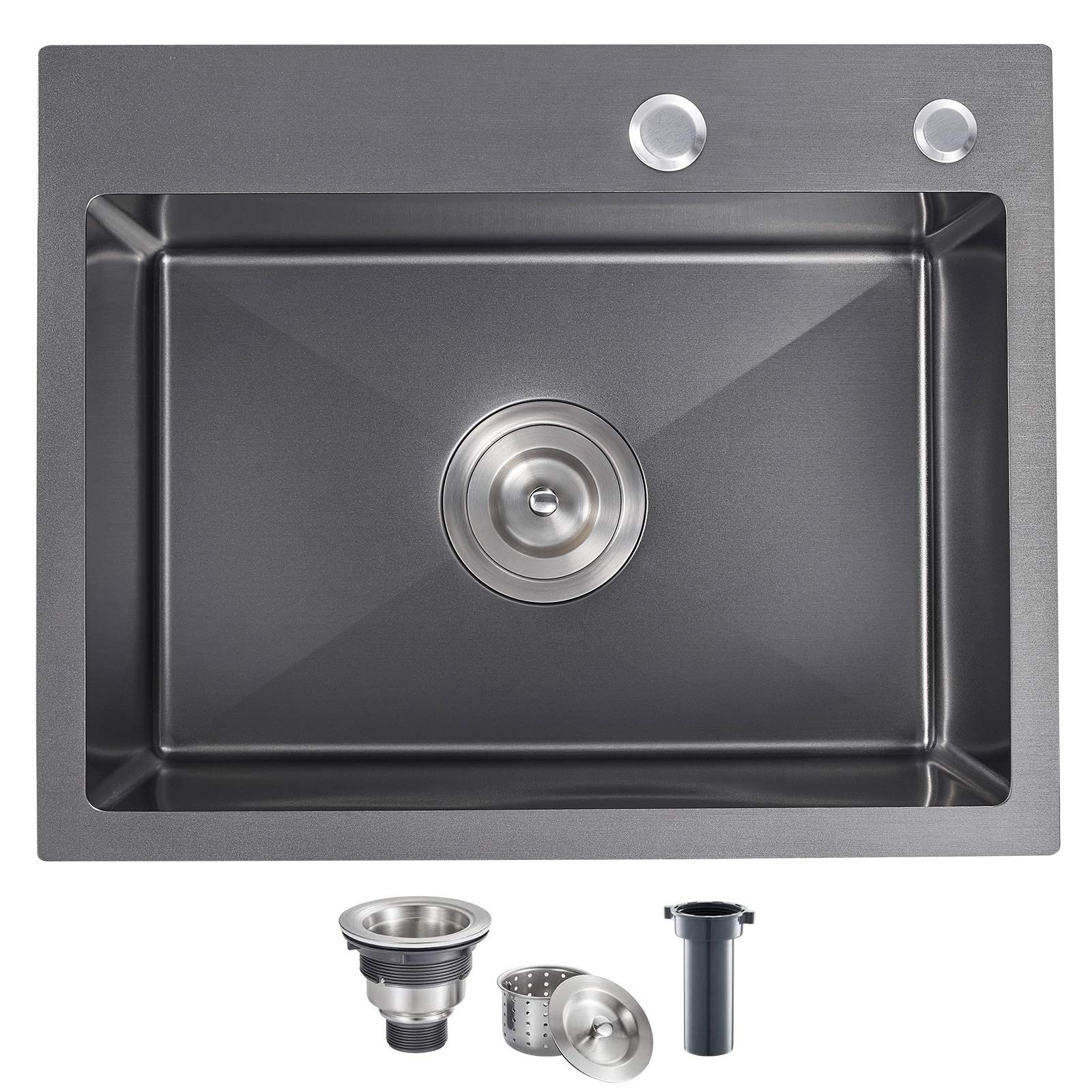 LILILIAN FMY  20 inch Top Mount Handmade Kitchen Sink SUS304 Stainless Steel Drop In Single Bowl Sink with Basket Strainer Black 20 by 16 by 9
