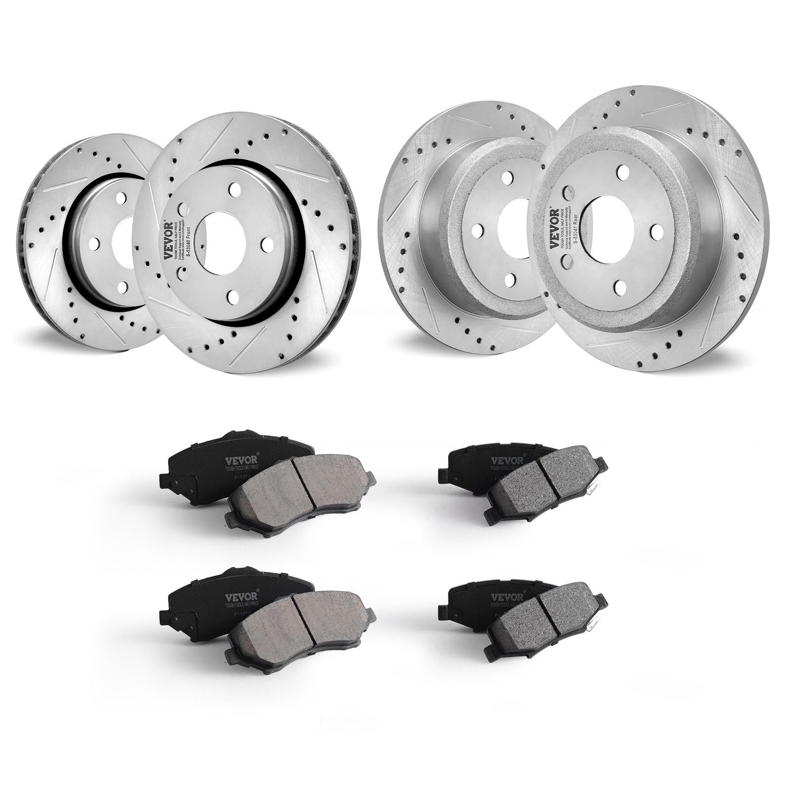 VEVOR QCCCPTZJEEPWJETHKV0 Front and Rear Brake Kit Compatible with 2007-2017 Jeep Wrangler, Drilled and Slotted Brake Rotors Ceramic Brake Pads Replacement, 11.9 Front Rotors 12.4 Rear Rotors