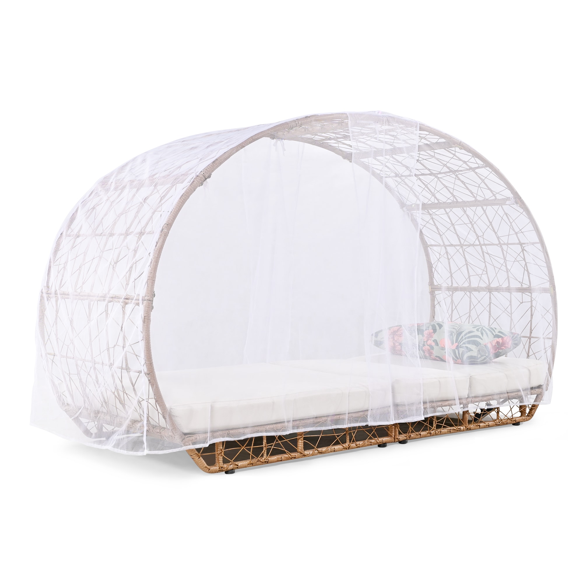 ModernLuxe LL-FG201228AAA 90.55" Outdoor Patio Daybed with Curtain Wicker Outdoor Daybed with Beige Cushions and Wicker Frame
