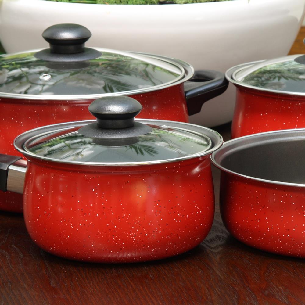 7 PC Enameled Cast Iron Cookware Set - Red