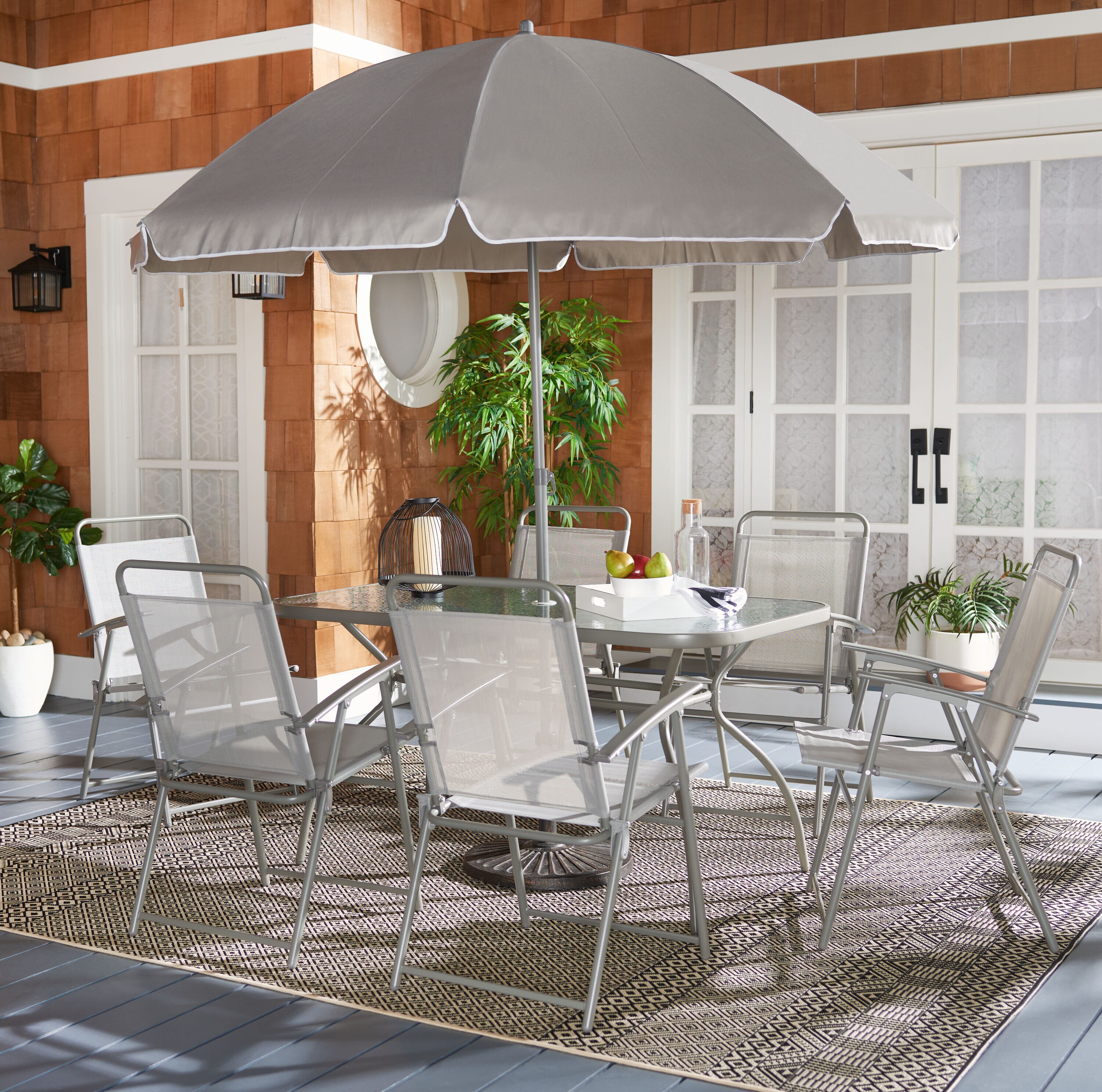 Laurenti 6-Person Grey Glass-Top Outdoor Dining Set with Umbrella
