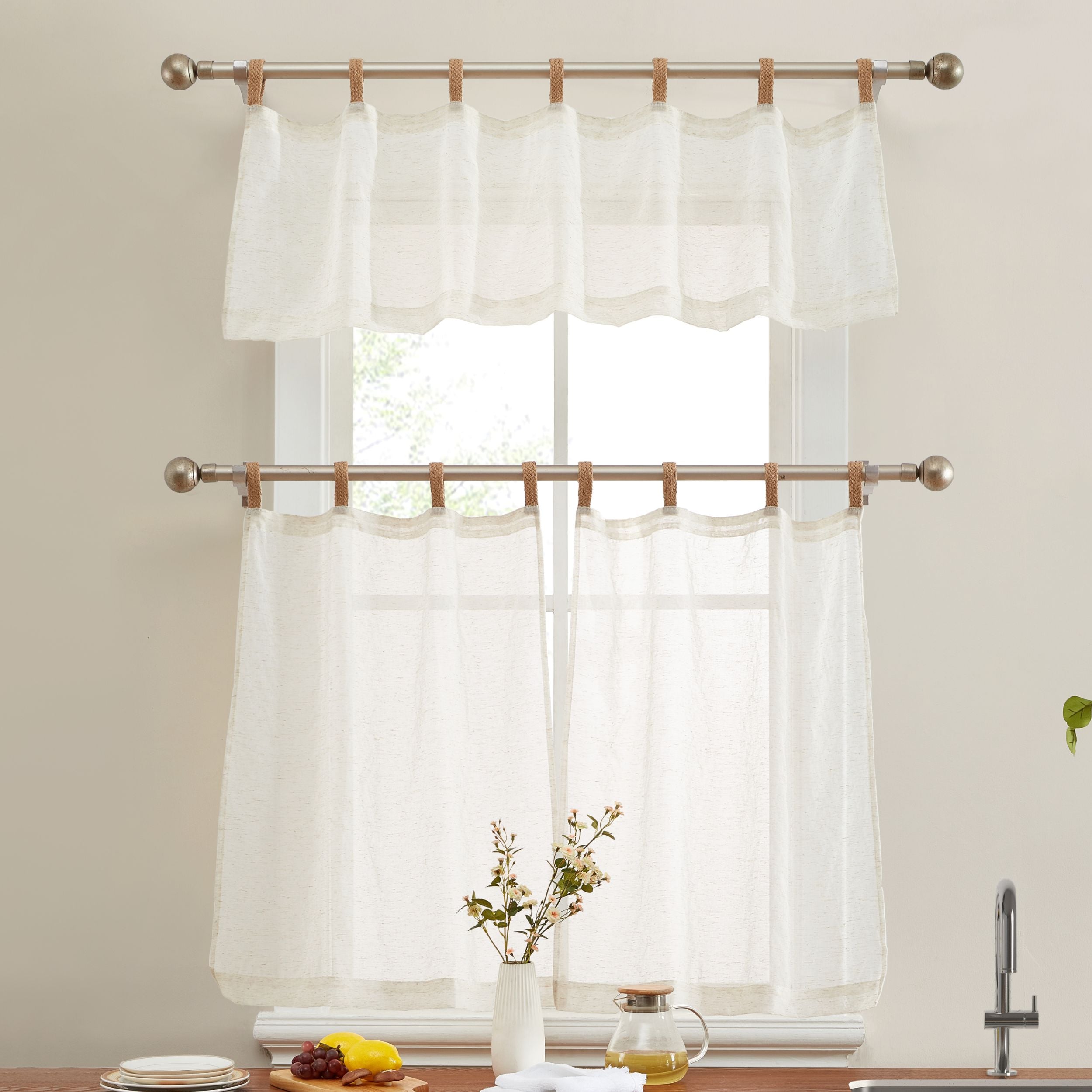 HLC.me LENA-NTRL-KC Lena Burlap Flax Linen Semi Sheer 3PC Tab Top Kitchen Window Curtains - Valance and Tiers Set
