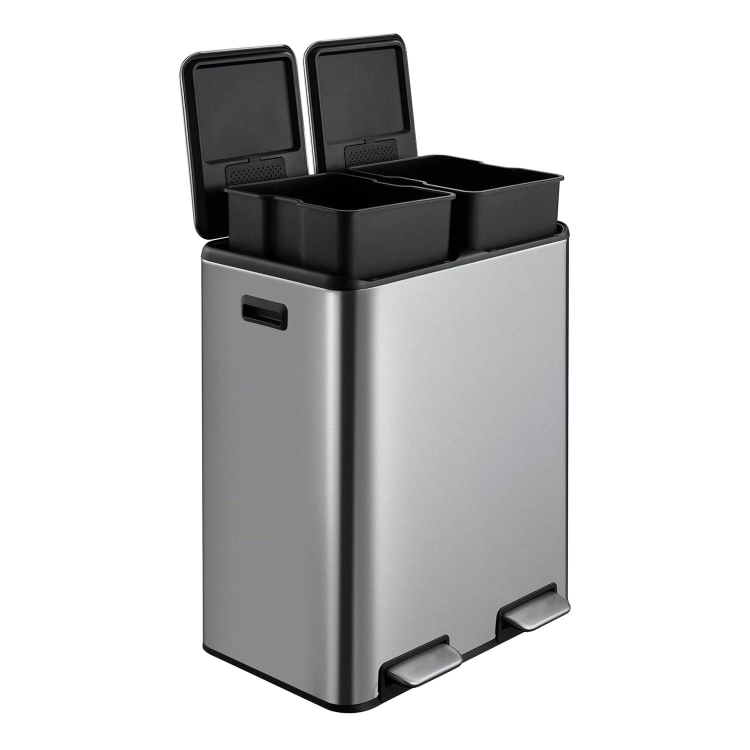 WhizMax 16 Gallon Rectangular Hands-Free Dual Compartment Recycling Kitchen Step Trash Can with Soft-Close Lid 2 Plastic Inner Buckets and Hinged Lids Brushed Stainless Steel #JXNAG-PIS-013W4AIZ