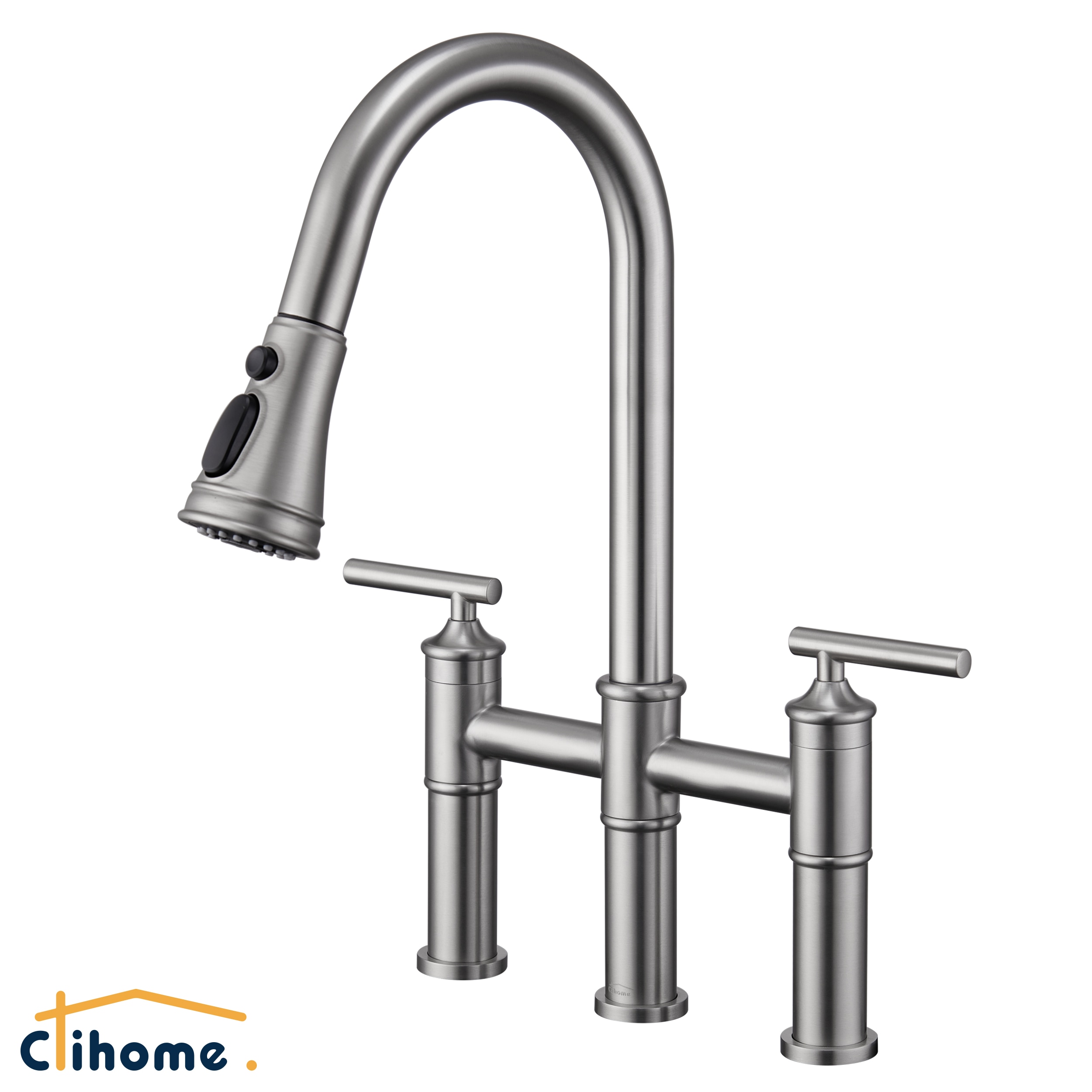Clihome DG-KF02NS Brushed Nickel Double Handle Deck-mount Bridge Kitchen Faucet with Sprayer