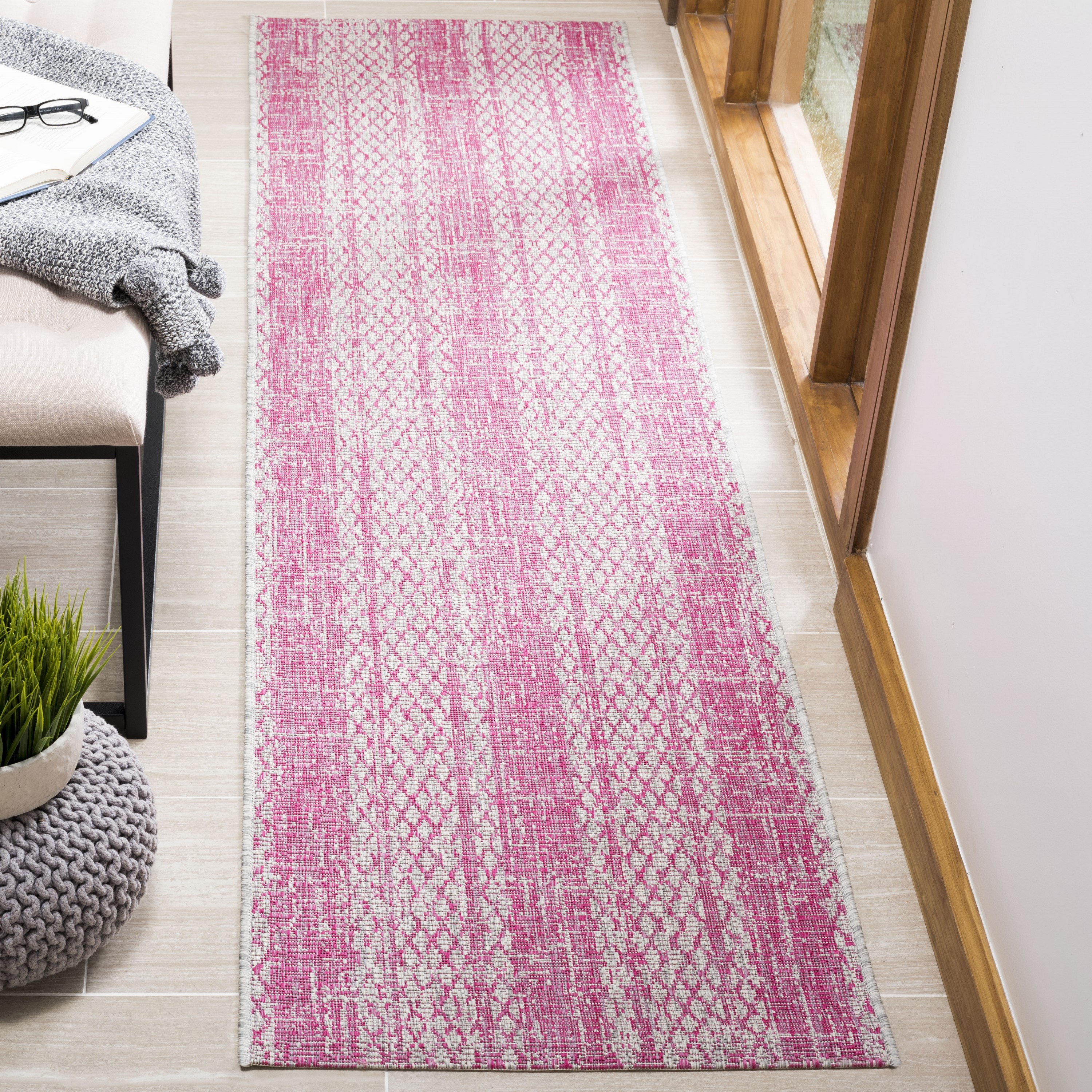 Safavieh CY8736-39712-28 Courtyard Ventura 2 x 8 (ft) Loomed Polypropylene Light Gray/Fuchsia Rectangular Indoor/Outdoor Stripe Coastal Runner rug