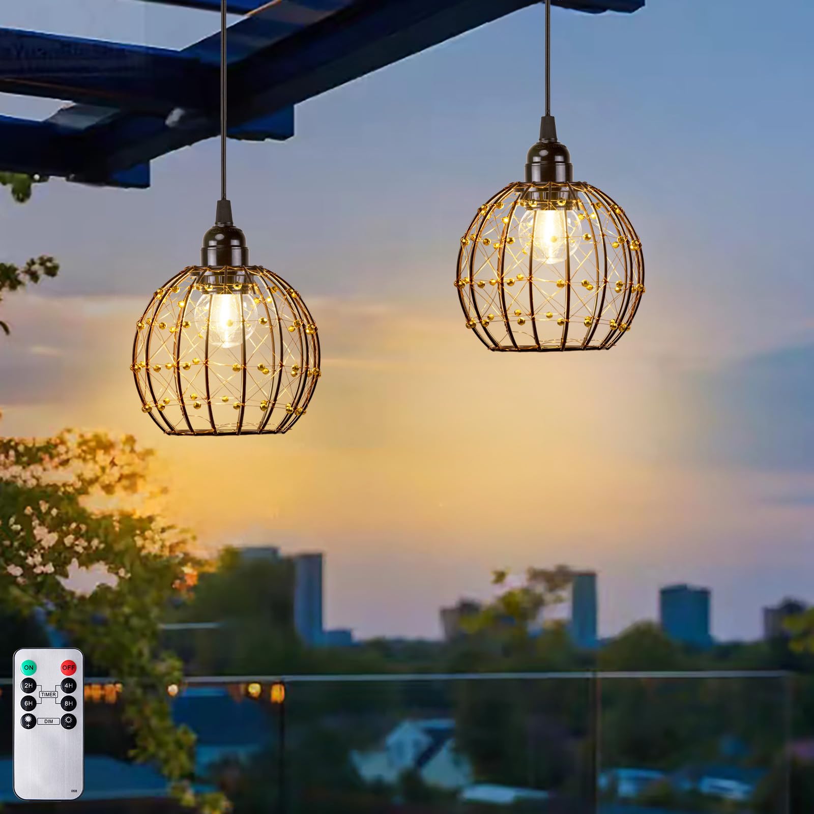 Oyezvary  Hanging Pendant Lights power cell Operated Outdoor Chandelier with Warm White LED Bulb for Patio Tree Pergola Gazebo Porch Beaded Ball