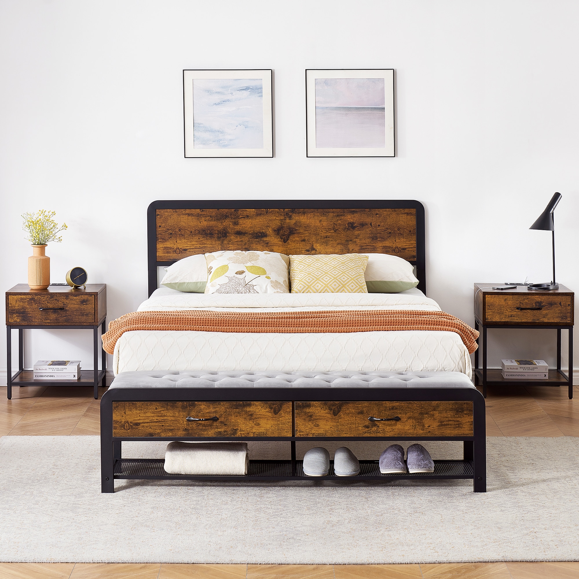 Garvee Brown Full Wood and Metal Platform Bed with Storage PHO-0X77D8D3 ...